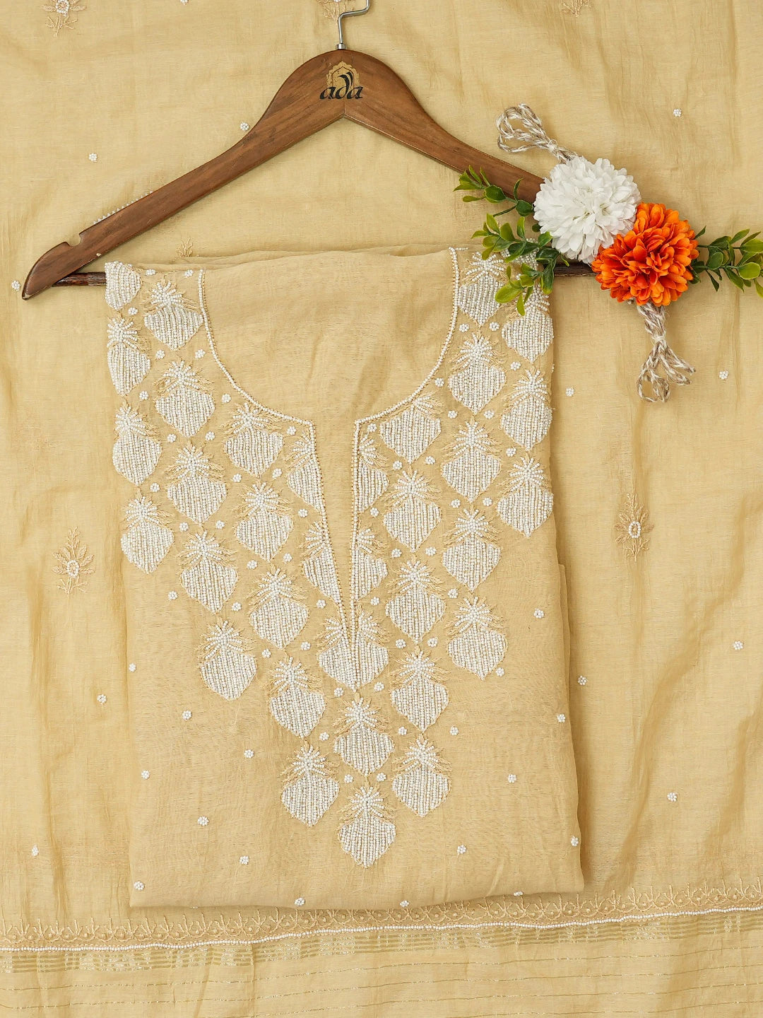 Ada Hand Embroidered Beige Chanderi Lucknowi Chikankari Unstitched Kurta Dupatta Set With Pearl Work 01A710927