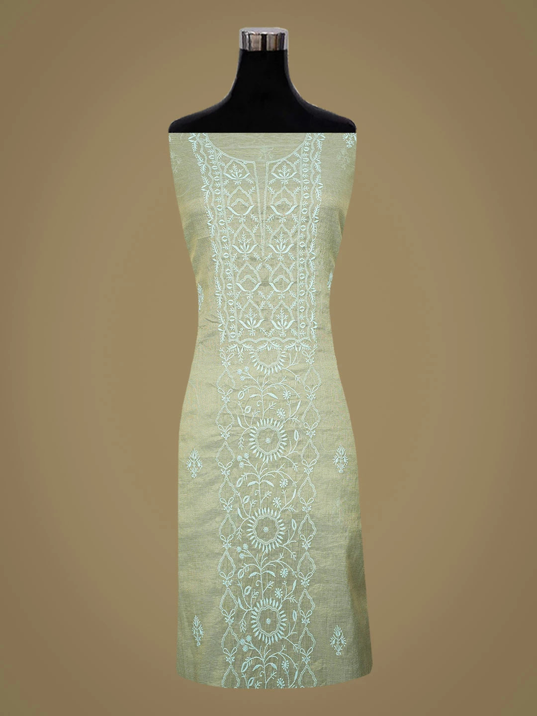 Ada Hand Embroidered Honeydew Green Tissue Lucknowi Chikankari Unstitched Kurta Dupatta Set 01A731109
