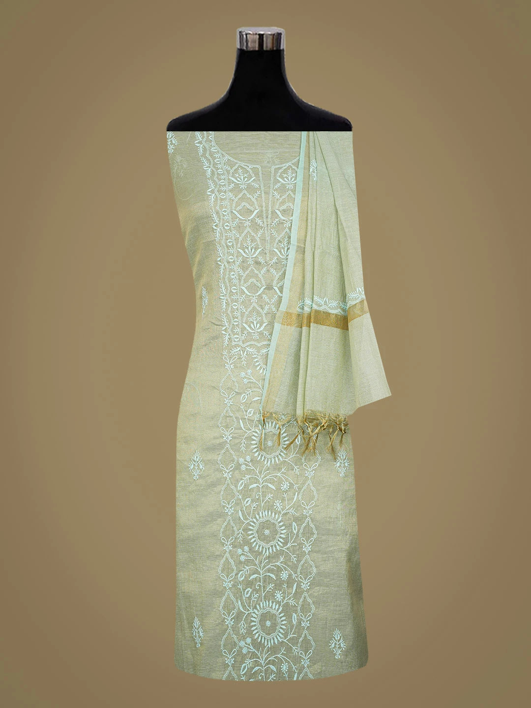 Ada Hand Embroidered Honeydew Green Tissue Lucknowi Chikankari Unstitched Kurta Dupatta Set 01A731109