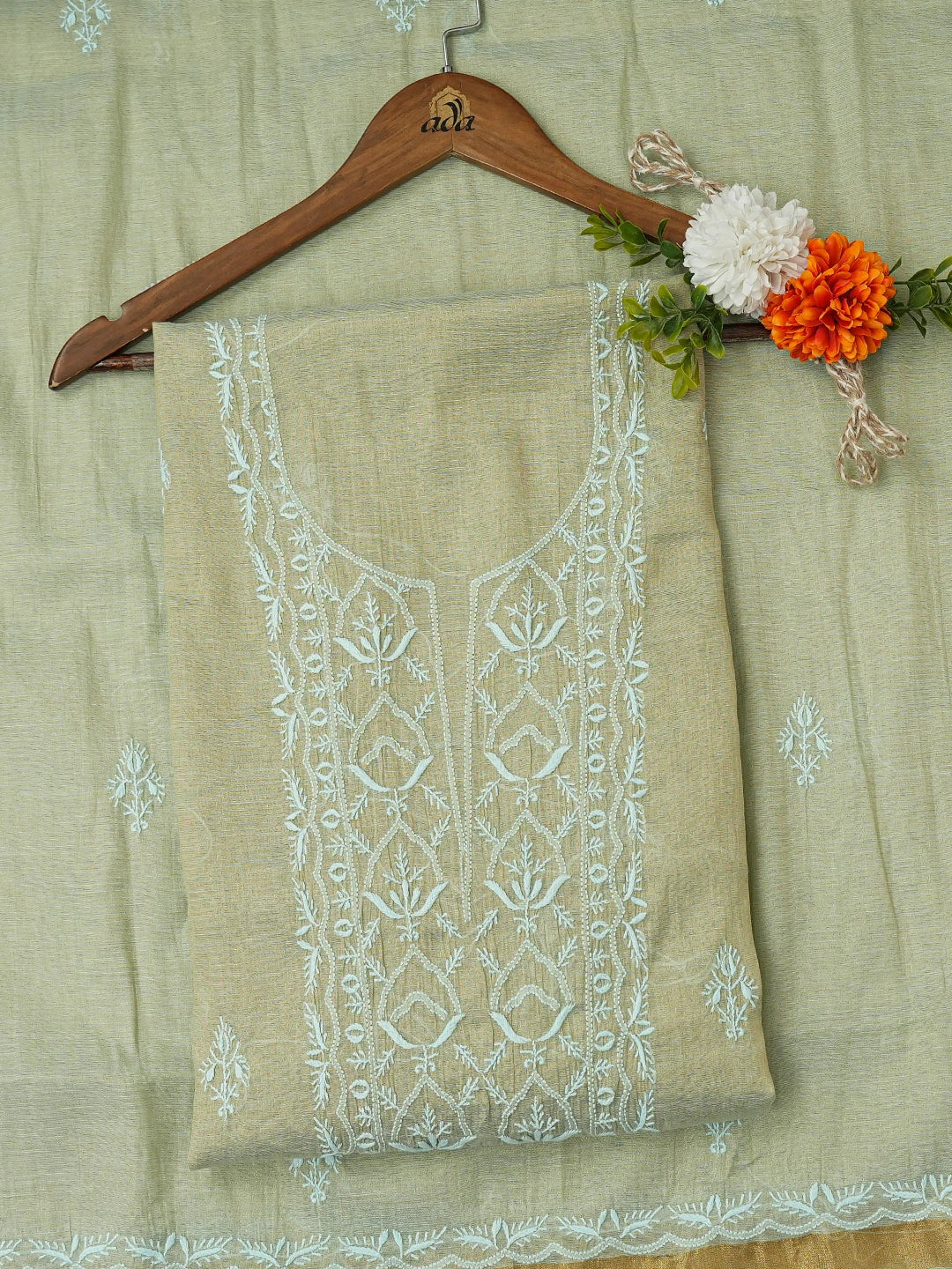 Ada Hand Embroidered Honeydew Green Tissue Lucknowi Chikankari Unstitched Kurta Dupatta Set 01A731109