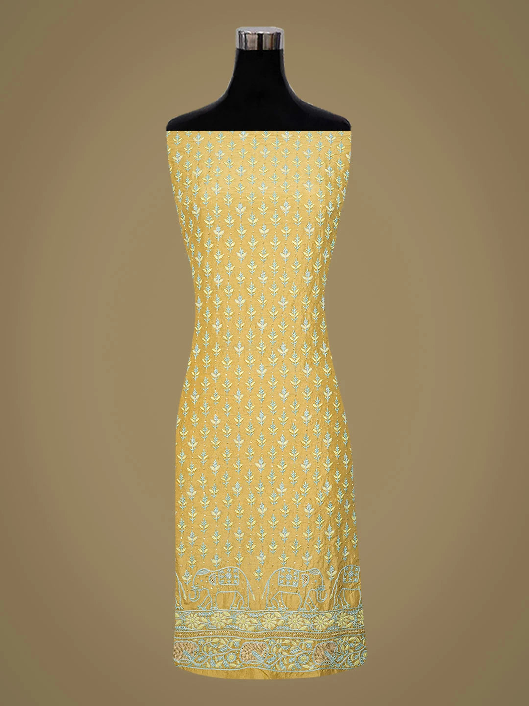 Ada Hand Embroidered Straw Yellow Silk Lucknowi Chikankari Unstitched Kurta Dupatta Set With Cutdana Work 01A697140