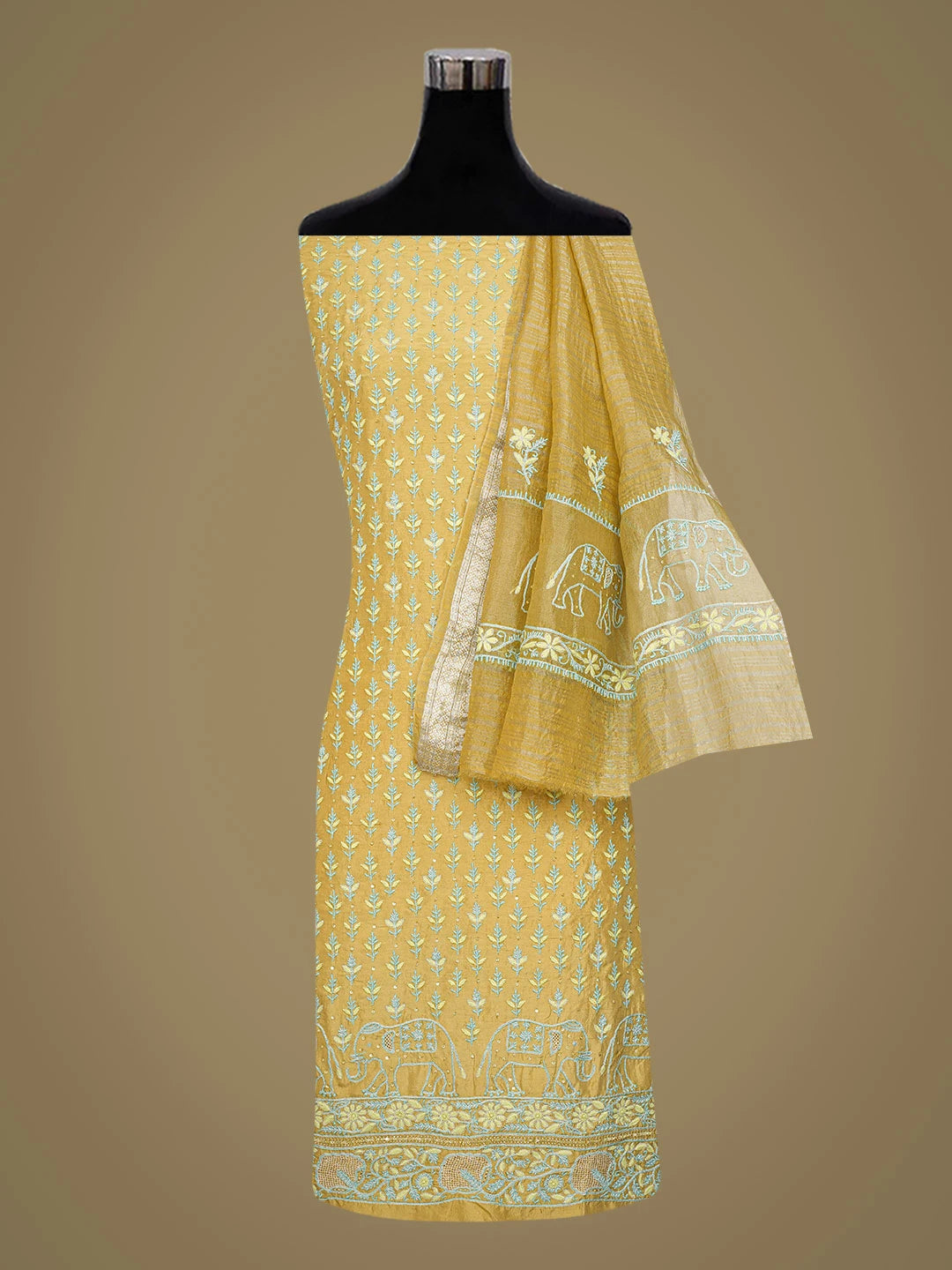 Ada Hand Embroidered Straw Yellow Silk Lucknowi Chikankari Unstitched Kurta Dupatta Set With Cutdana Work 01A697140