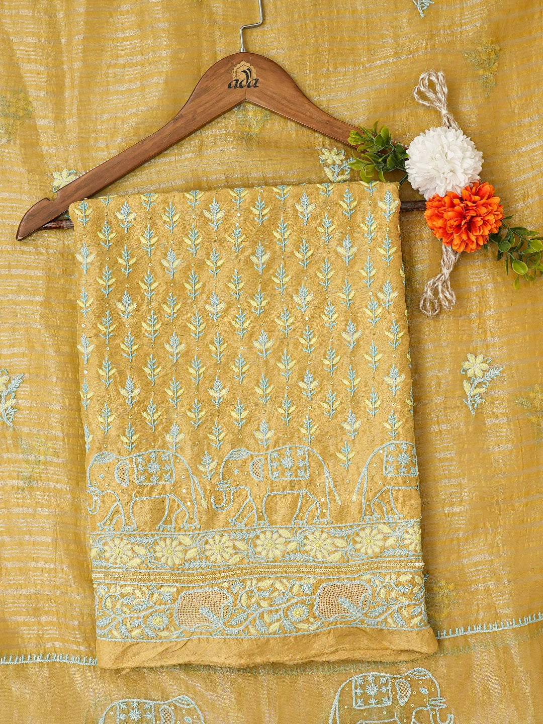 Ada Hand Embroidered Straw Yellow Silk Lucknowi Chikankari Unstitched Kurta Dupatta Set With Cutdana Work 01A697140