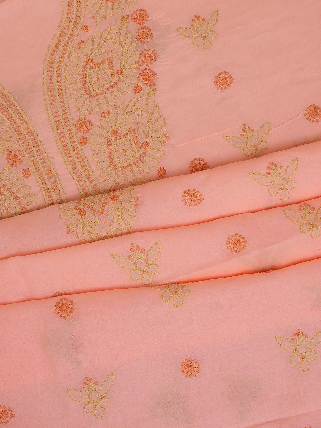 Ada Hand Embroidered Peach Pink Cotton Lucknowi Chikankari Unstitched Suit Piece 01A746261