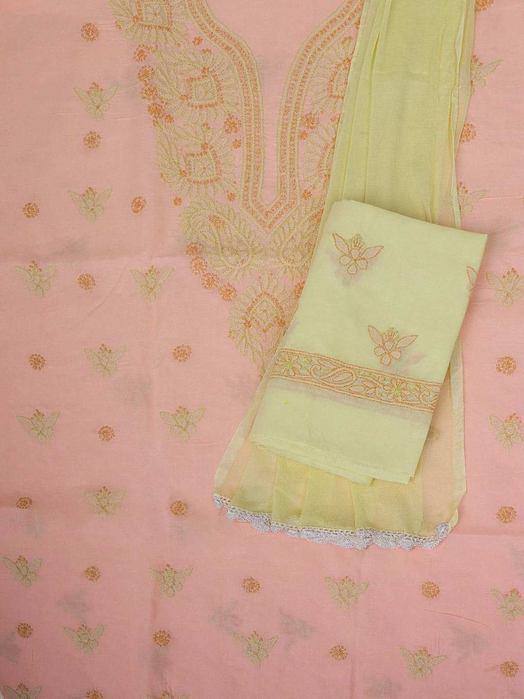 Ada Hand Embroidered Peach Pink Cotton Lucknowi Chikankari Unstitched Suit Piece 01A746261