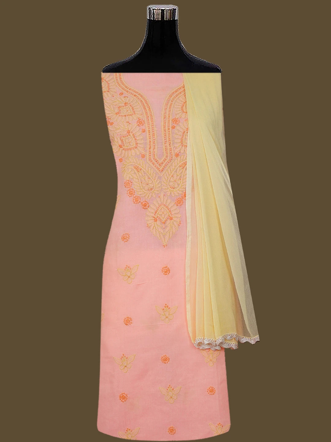 Ada Hand Embroidered Peach Pink Cotton Lucknowi Chikankari Unstitched Suit Piece 01A746261