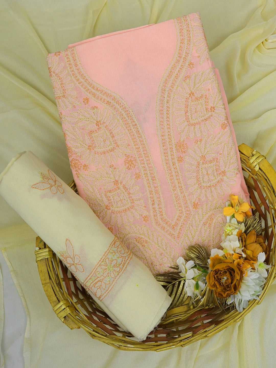 Ada Hand Embroidered Peach Pink Cotton Lucknowi Chikankari Unstitched Suit Piece 01A746261
