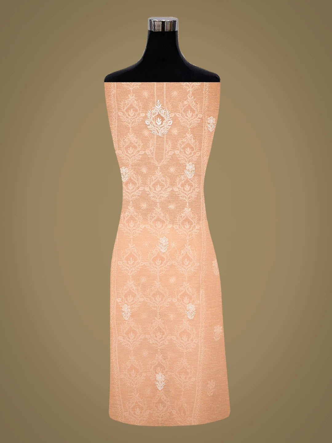 Ada Hand Embroidered Peach Chanderi Lucknowi Chikankari Unstitched Kurta Dupatta Set 01A744622