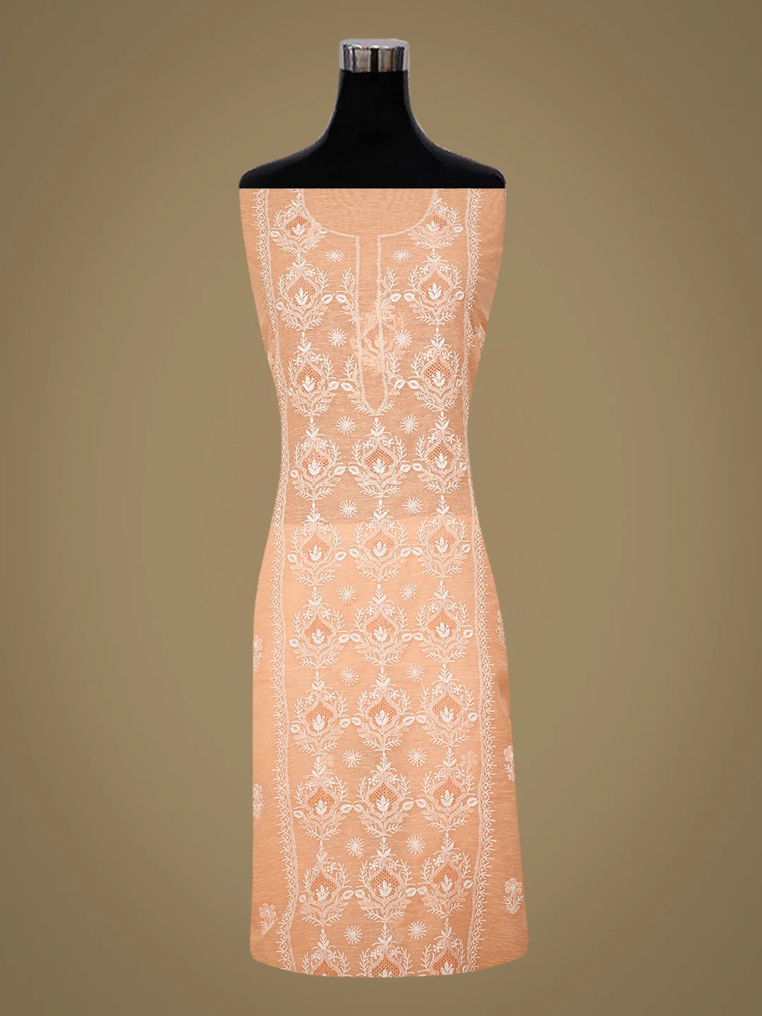 Ada Hand Embroidered Peach Chanderi Lucknowi Chikankari Unstitched Kurta Dupatta Set 01A744622