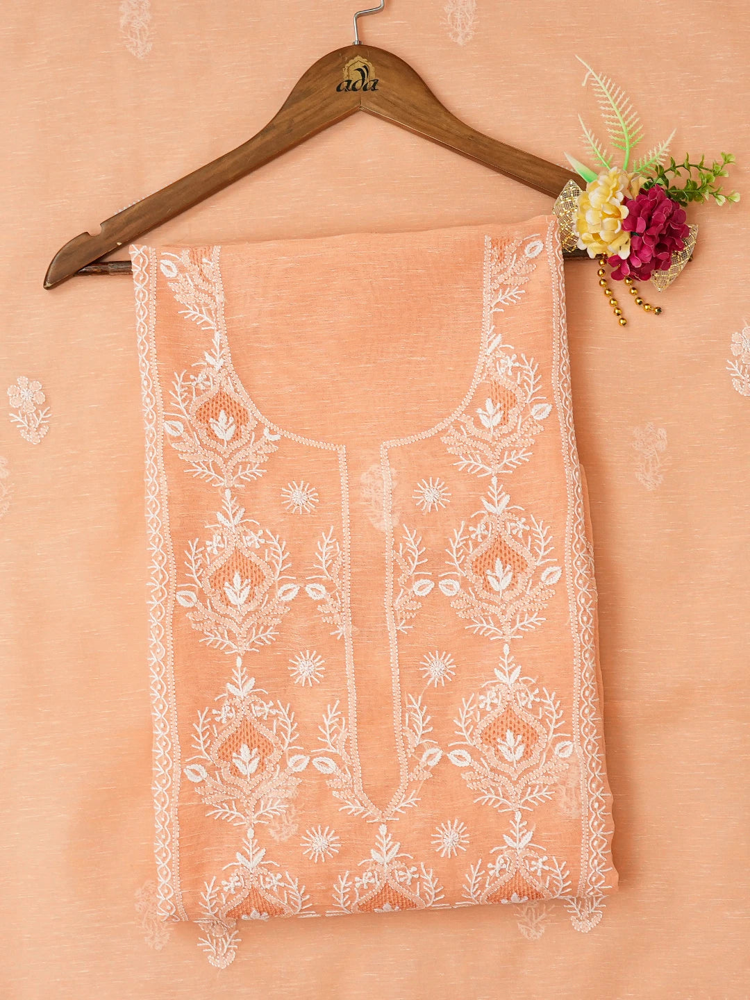 Ada Hand Embroidered Peach Chanderi Lucknowi Chikankari Unstitched Kurta Dupatta Set 01A744622