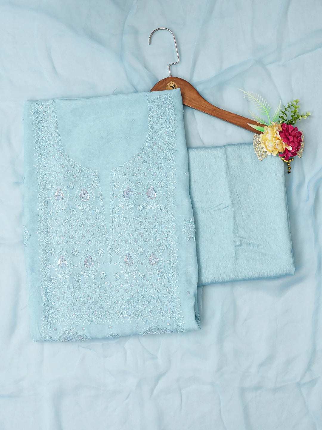 Ada Hand Embroidered Baby Blue Muslin Lucknowi Chikankari Unstitched Suit Piece With Cutdana Work 01A746439