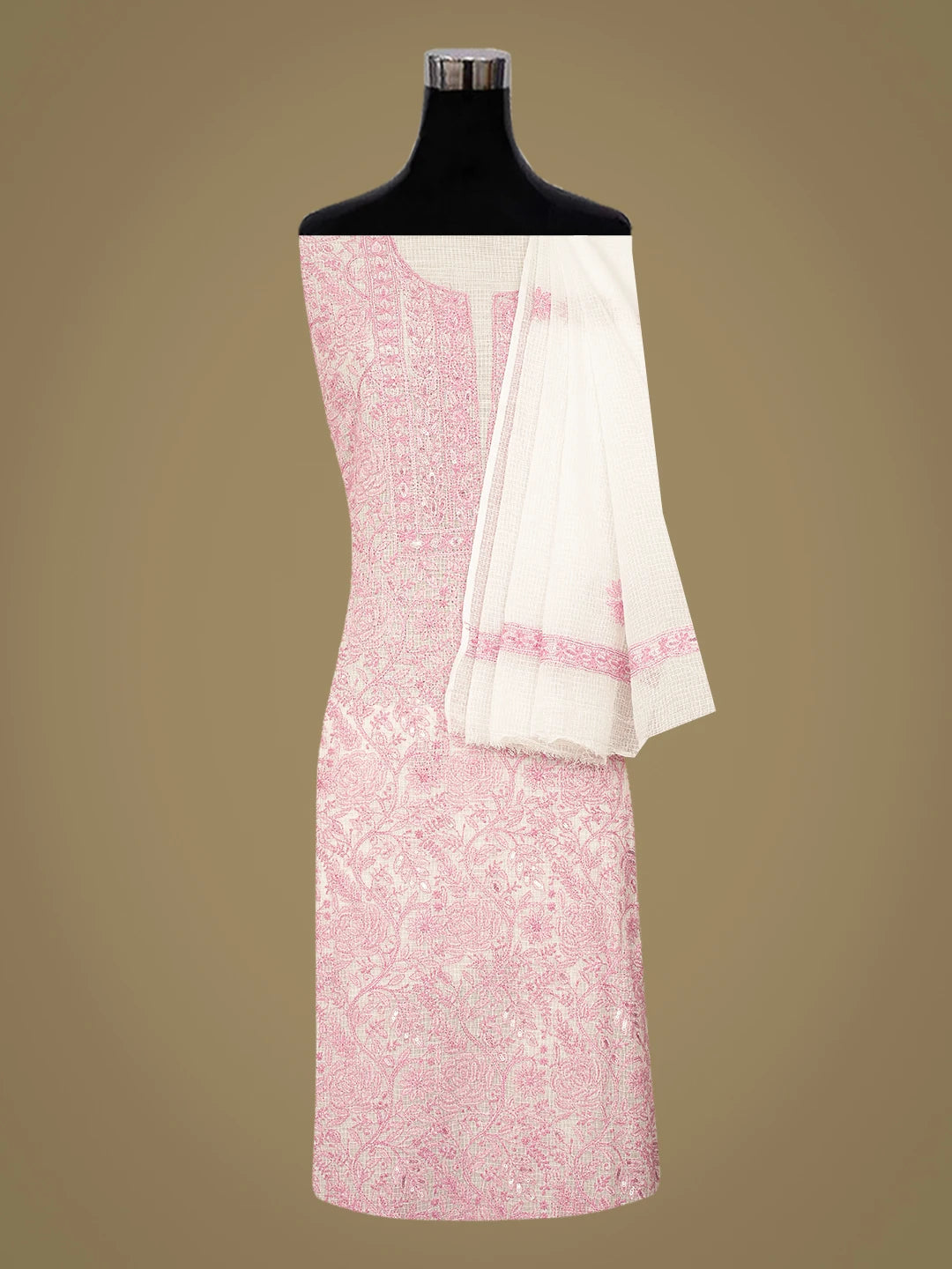 Ada Hand Embroidered White Kota Lucknowi Chikankari Unstitched Kurta Dupatta Set With Cutdana Work 01A558139