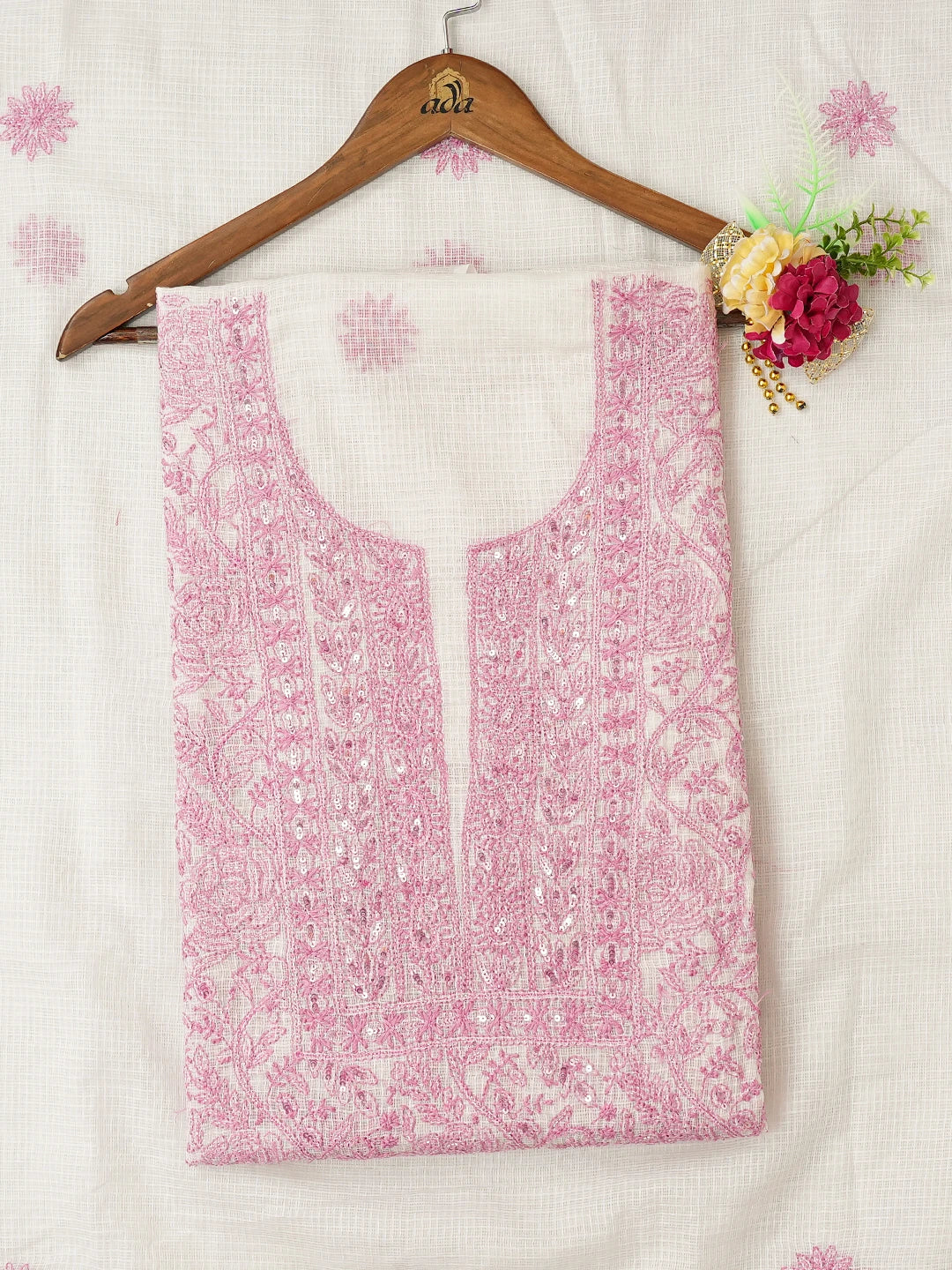 Ada Hand Embroidered White Kota Lucknowi Chikankari Unstitched Kurta Dupatta Set With Cutdana Work 01A558139