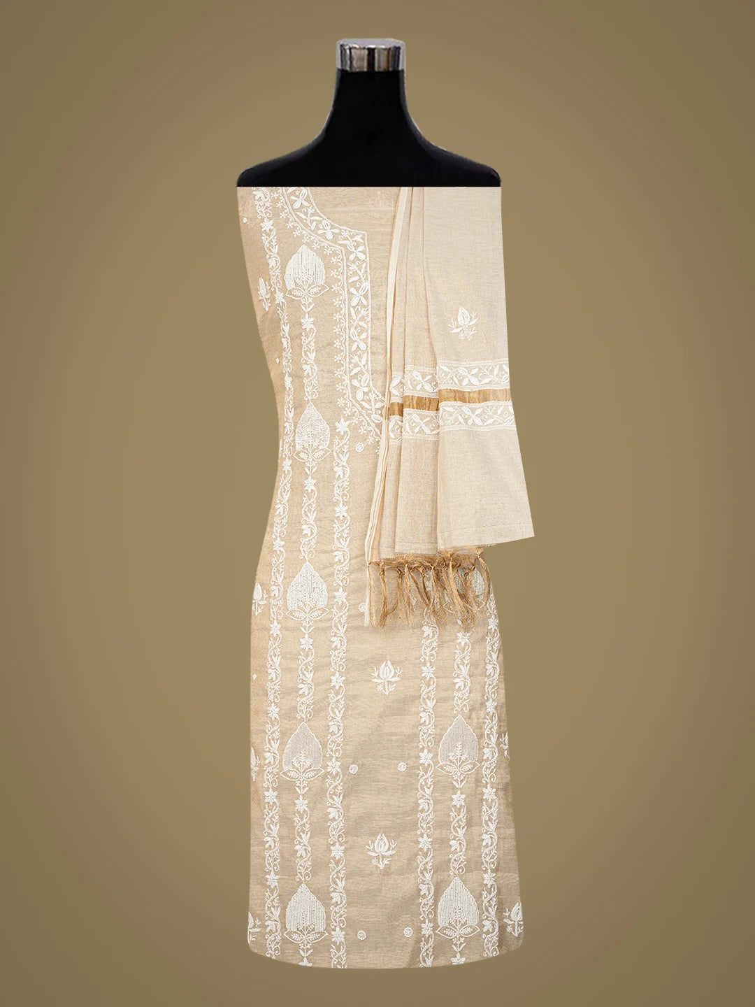 Ada Hand Embroidered Fawn Tissue Lucknowi Chikankari Unstitched Kurta Dupatta Set With Cutdana Work 01A736988