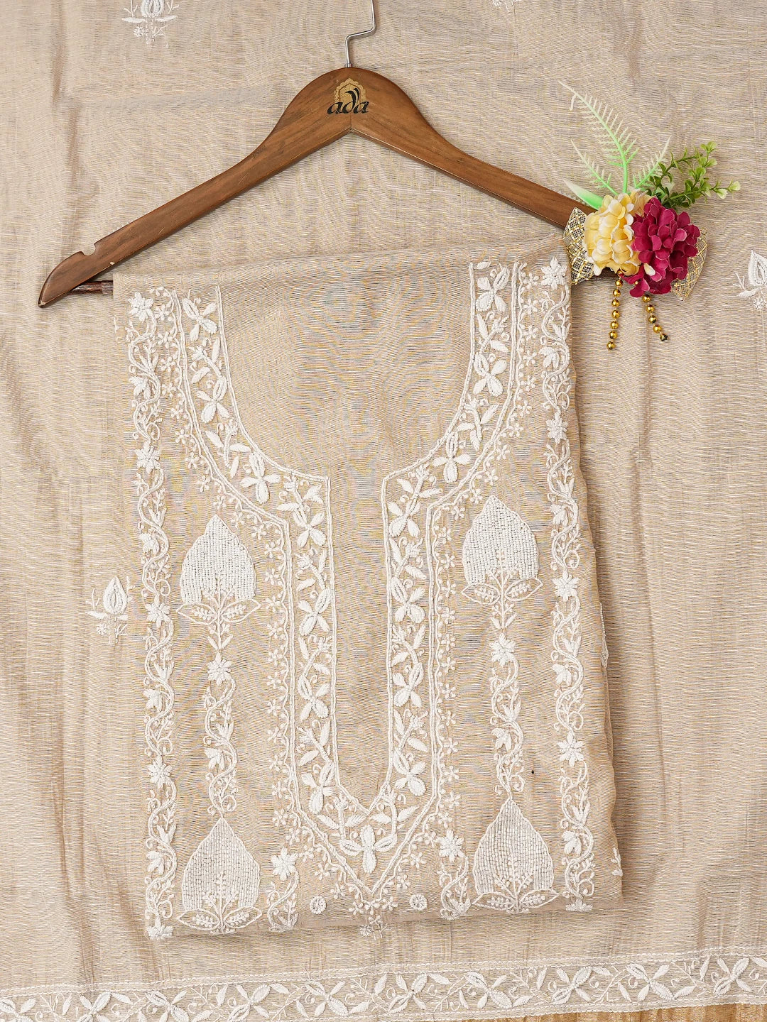 Ada Hand Embroidered Fawn Tissue Lucknowi Chikankari Unstitched Kurta Dupatta Set With Cutdana Work 01A736988
