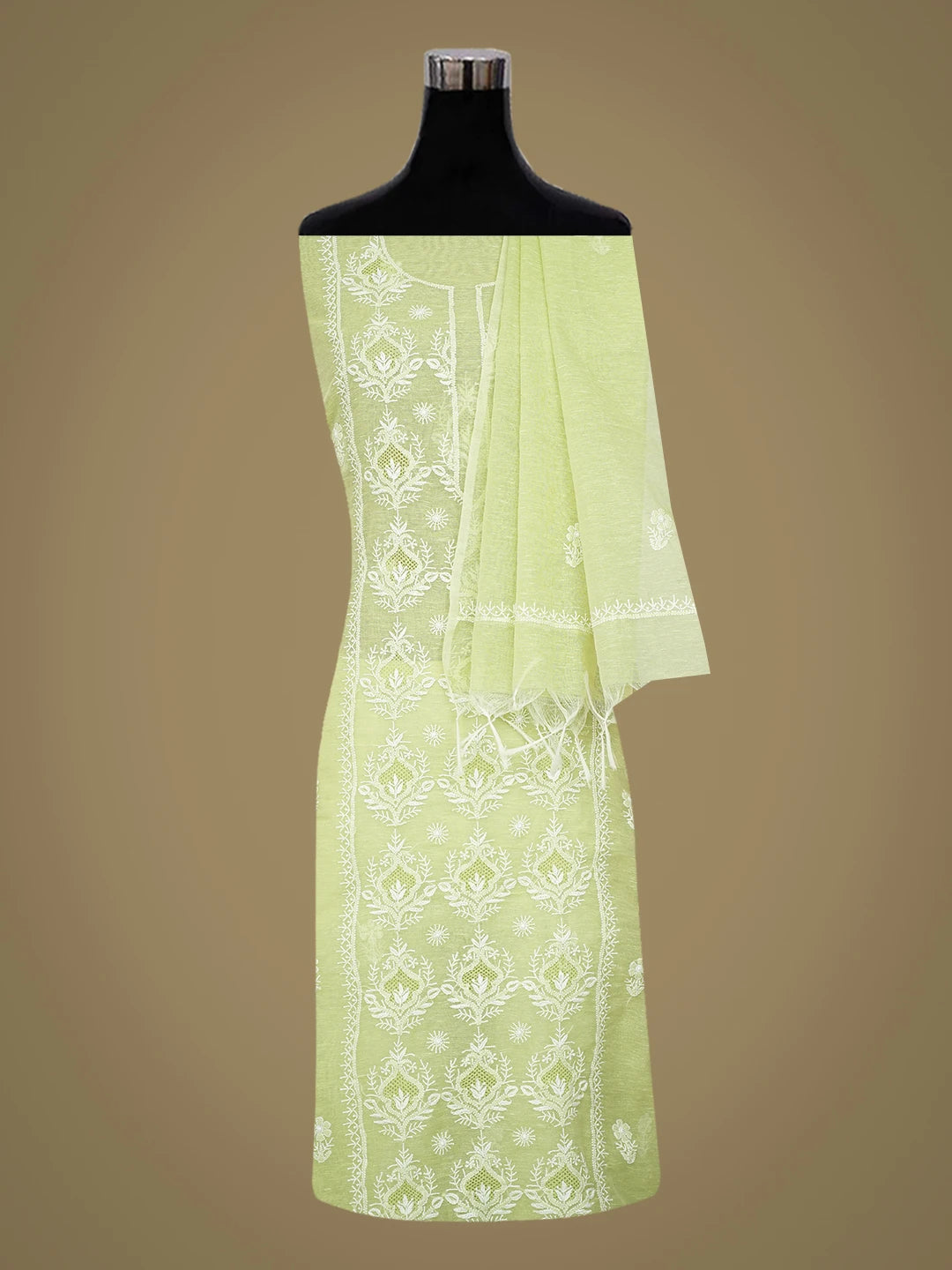 Ada Hand Embroidered Light Pastel Green Chanderi Lucknowi Chikankari Unstitched Kurta Dupatta Set 01A744591