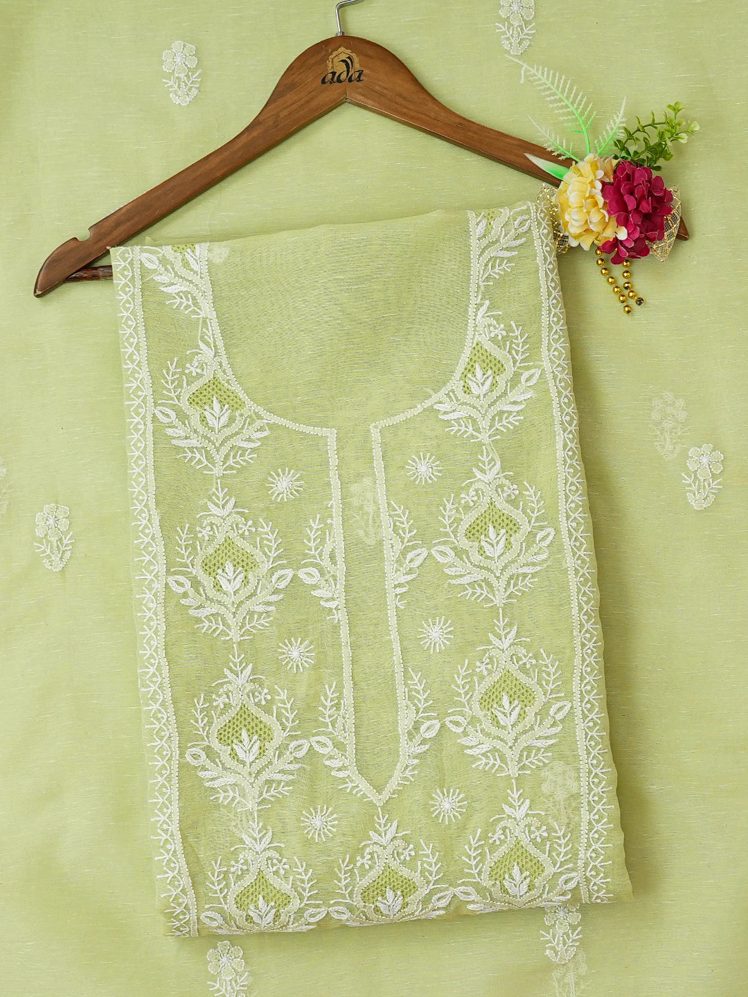 Ada Hand Embroidered Light Pastel Green Chanderi Lucknowi Chikankari Unstitched Kurta Dupatta Set 01A744591