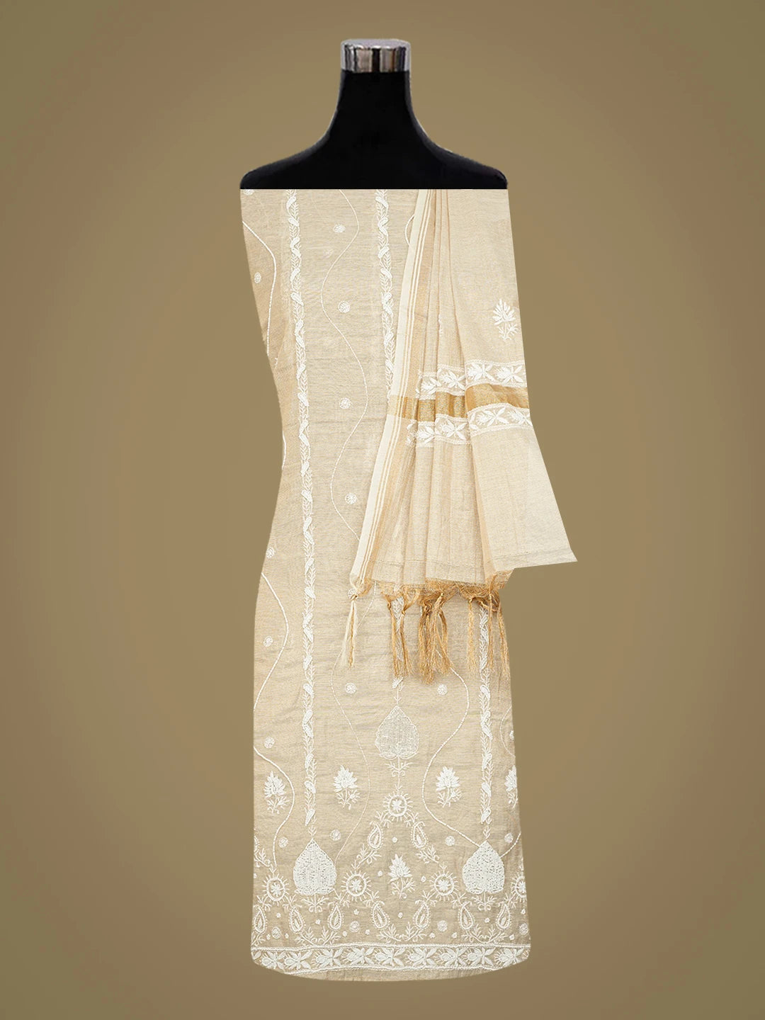 Ada Hand Embroidered Fawn Tissue Lucknowi Chikankari Unstitched Kurta Dupatta Set With Cutdana Work 01A737008