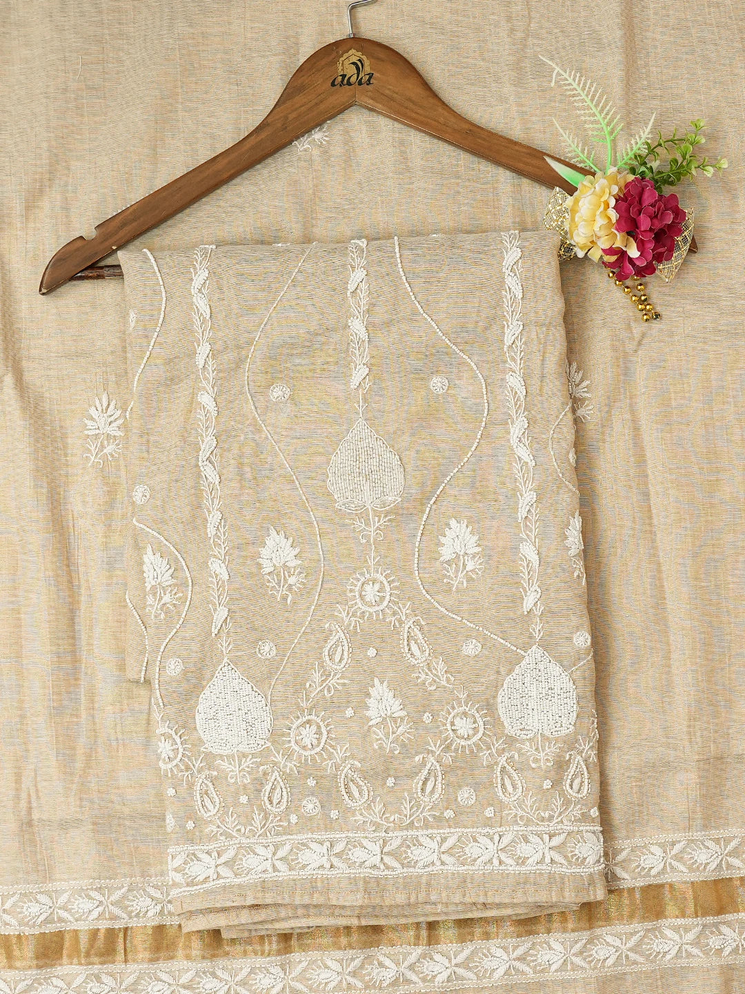 Ada Hand Embroidered Fawn Tissue Lucknowi Chikankari Unstitched Kurta Dupatta Set With Cutdana Work 01A737008