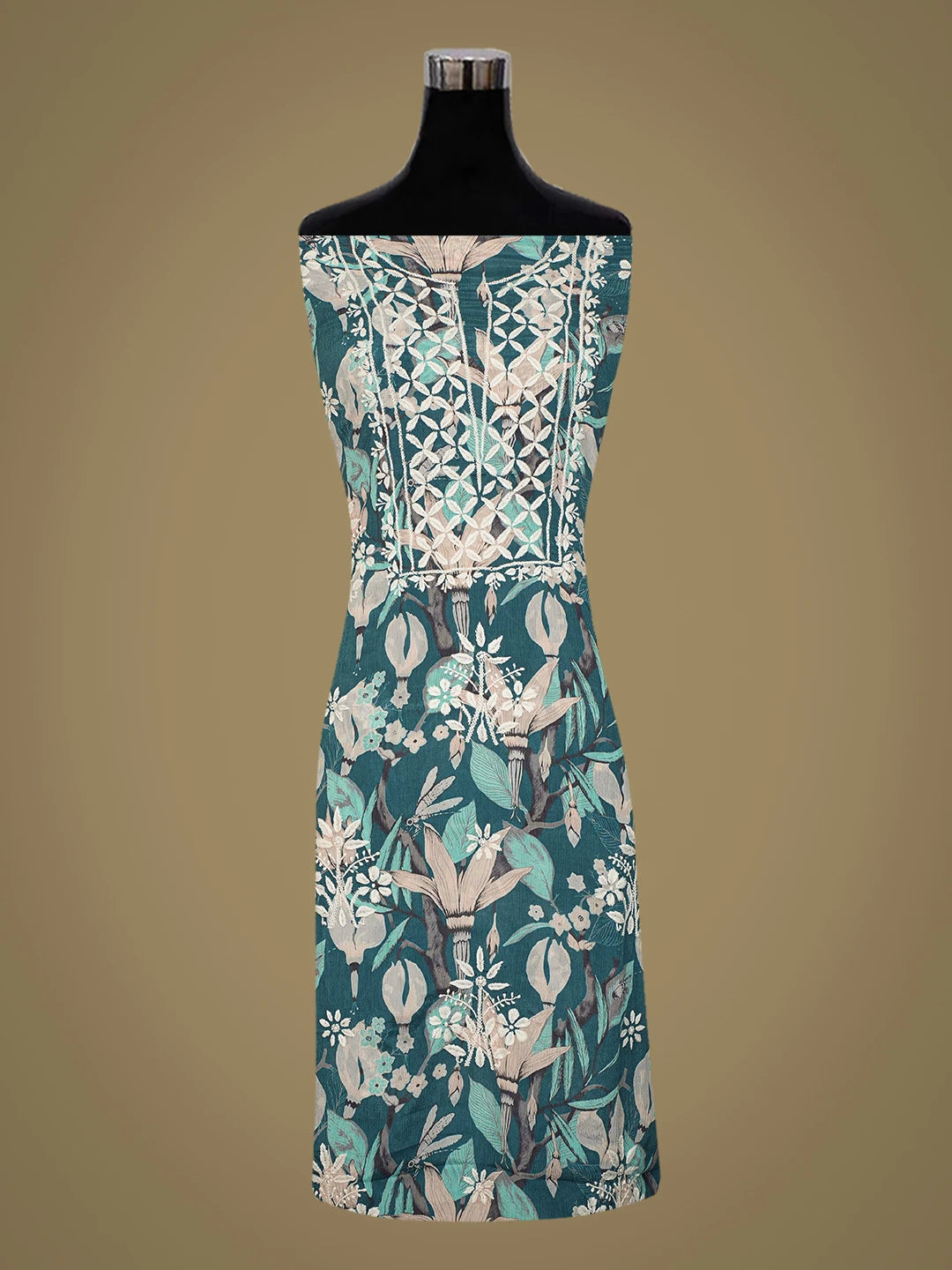 Ada Hand Embroidered Peacock Blue Crepe Floral Printed Lucknowi Chikankari Unstitched Kurta Dupatta Set 01A722825