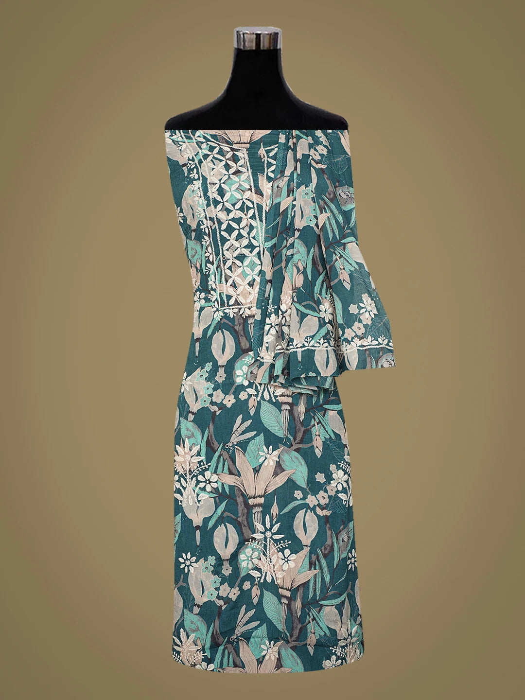 Ada Hand Embroidered Peacock Blue Crepe Floral Printed Lucknowi Chikankari Unstitched Kurta Dupatta Set 01A722825