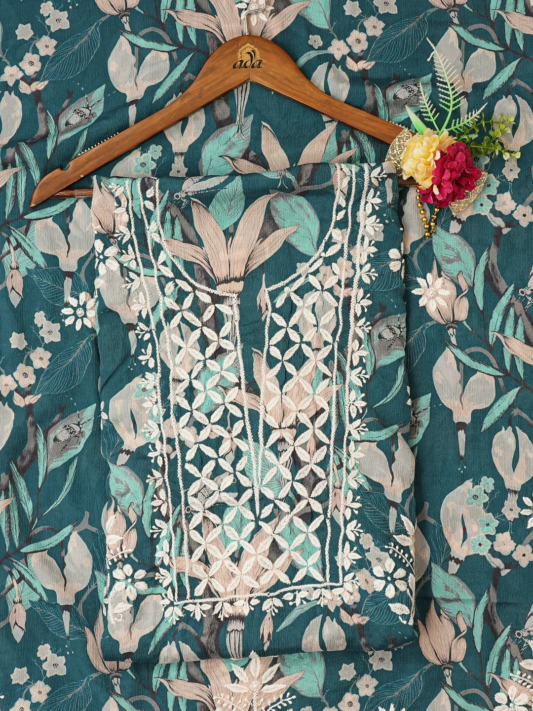 Ada Hand Embroidered Peacock Blue Crepe Floral Printed Lucknowi Chikankari Unstitched Kurta Dupatta Set 01A722825