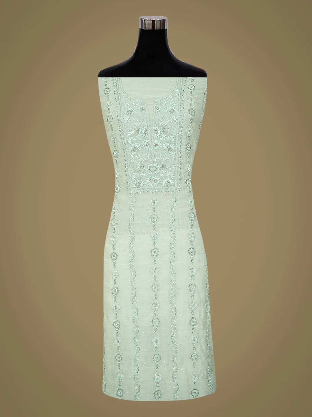 Ada Hand Embroidered Pista Green Chanderi Lucknowi Chikankari Unstitched Kurta Dupatta Set With Cutdana Work 01A610201