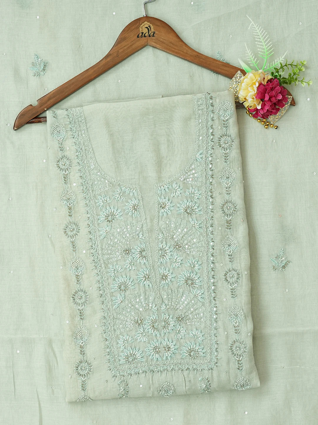 Ada Hand Embroidered Pista Green Chanderi Lucknowi Chikankari Unstitched Kurta Dupatta Set With Cutdana Work 01A610201
