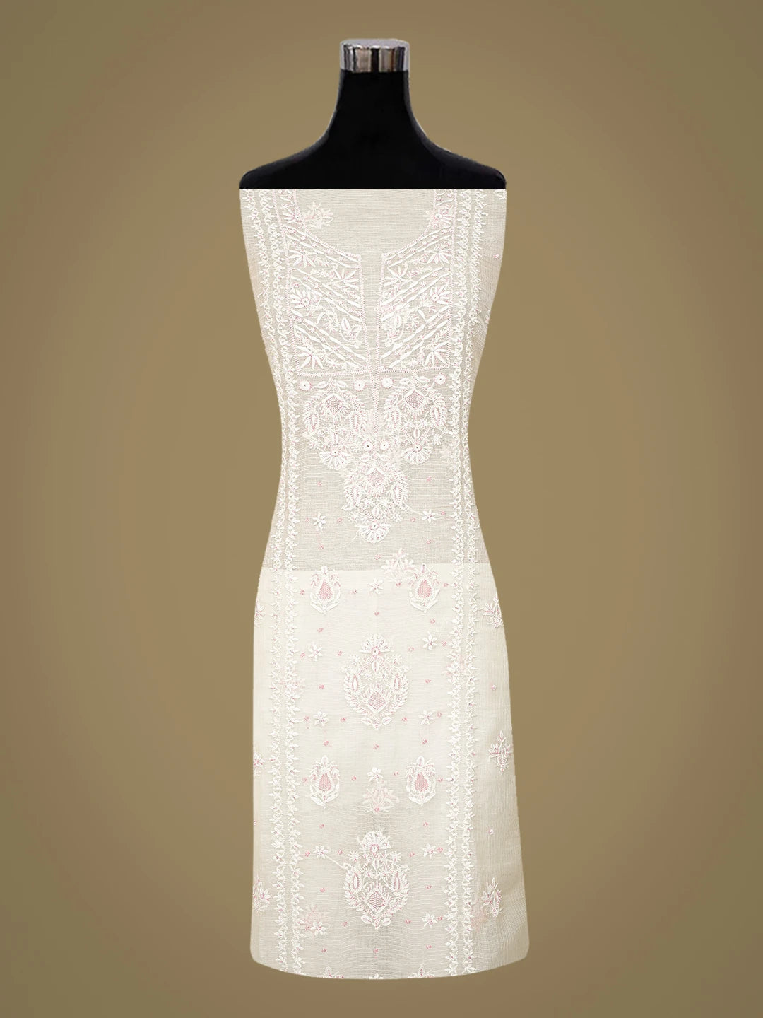 Ada Hand Embroidered White Kota Silk Lucknowi Chikankari Unstitched Kurta Dupatta Set With Cutdana Work 01A749520