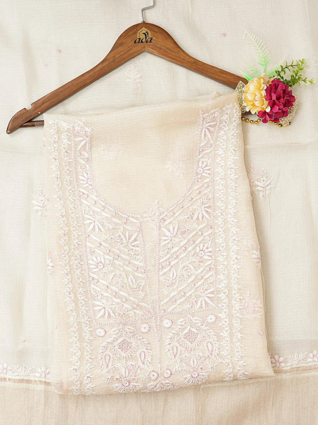 Ada Hand Embroidered White Kota Silk Lucknowi Chikankari Unstitched Kurta Dupatta Set With Cutdana Work 01A749520