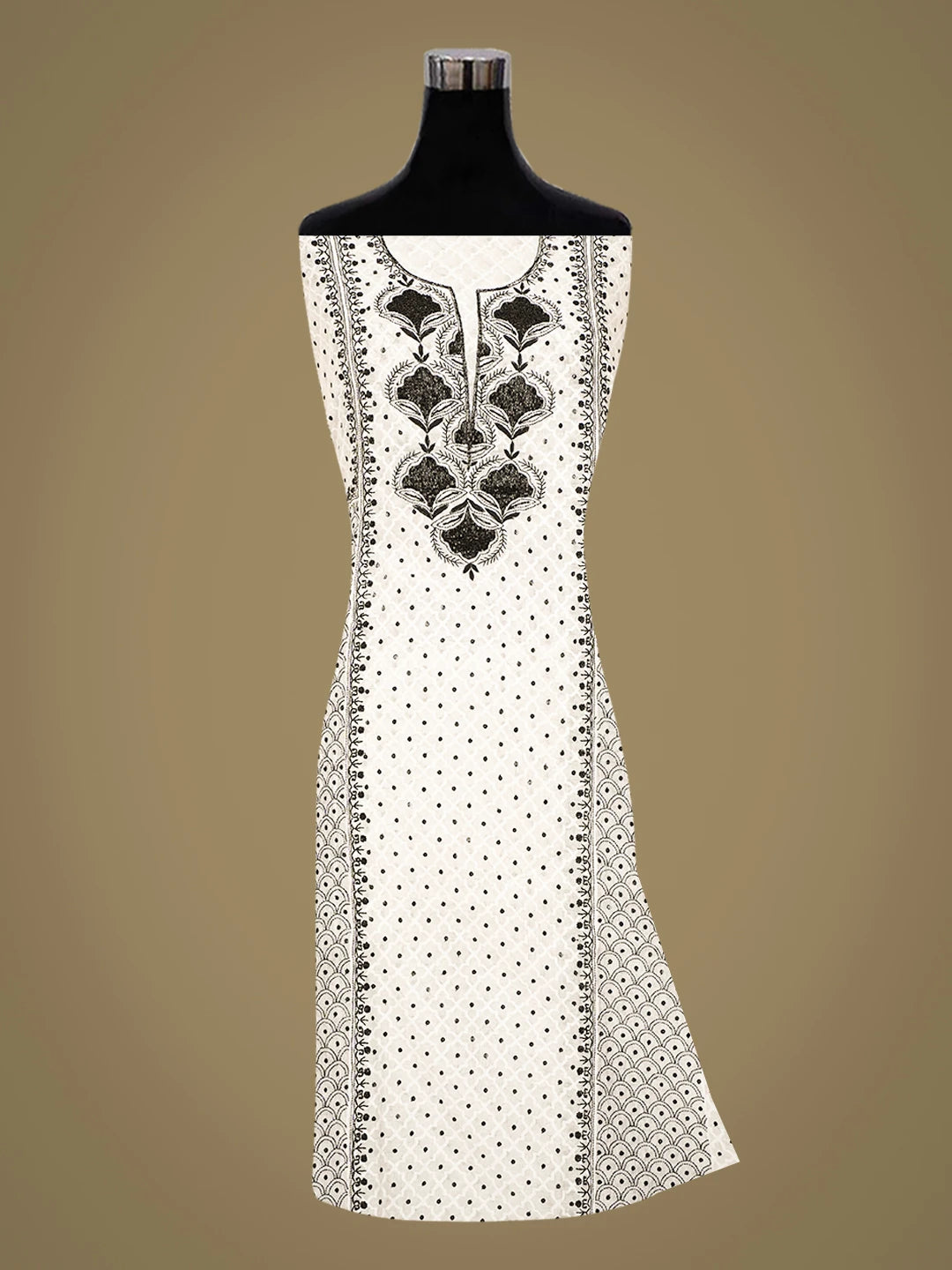 Ada Hand Embroidered White Chanderi Lucknowi Chikankari Semi-Stitched Kurta Dupatta Set With Cutdana Work 01A744495