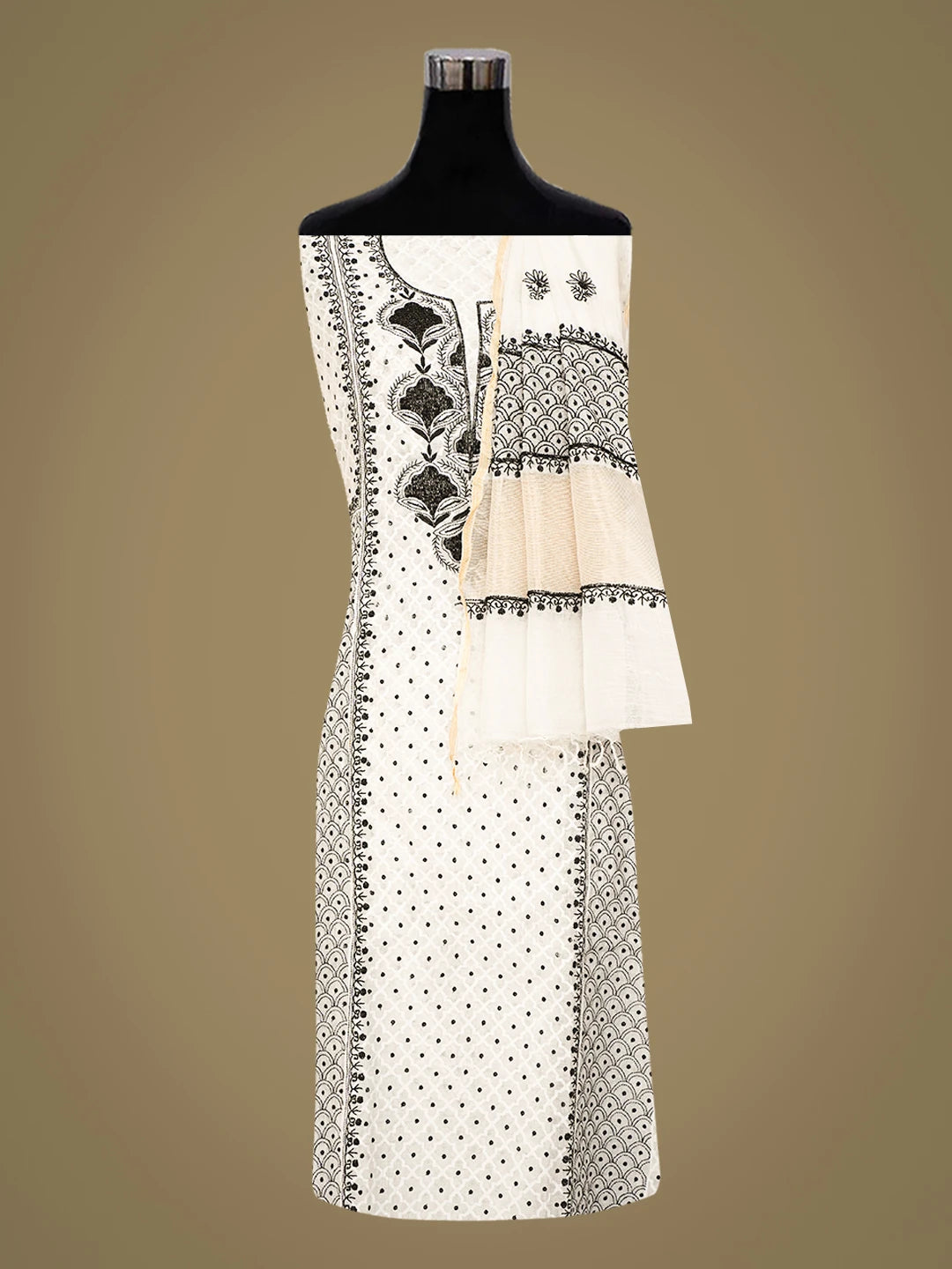 Ada Hand Embroidered White Chanderi Lucknowi Chikankari Semi-Stitched Kurta Dupatta Set With Cutdana Work 01A744495