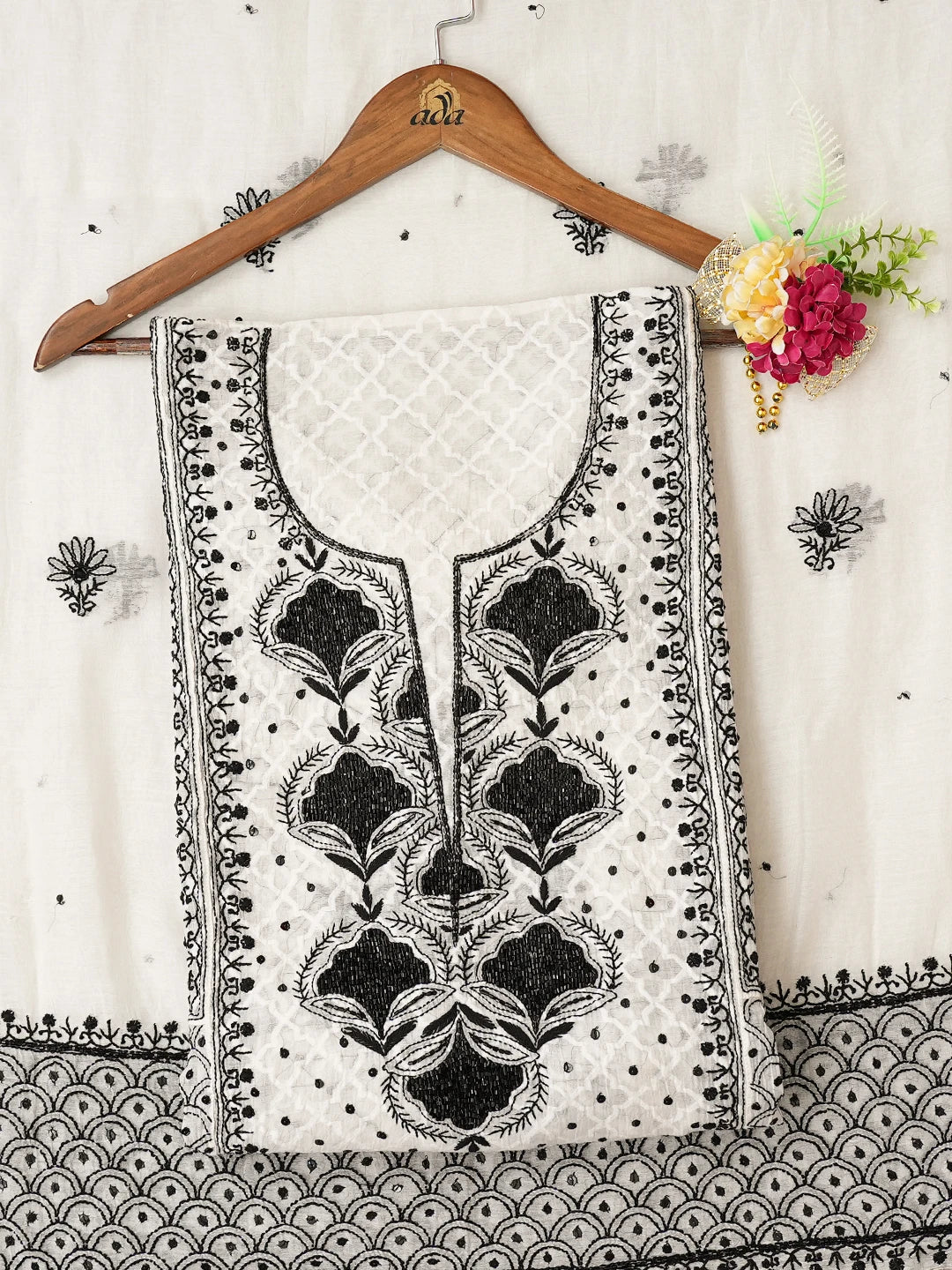 Ada Hand Embroidered White Chanderi Lucknowi Chikankari Semi-Stitched Kurta Dupatta Set With Cutdana Work 01A744495