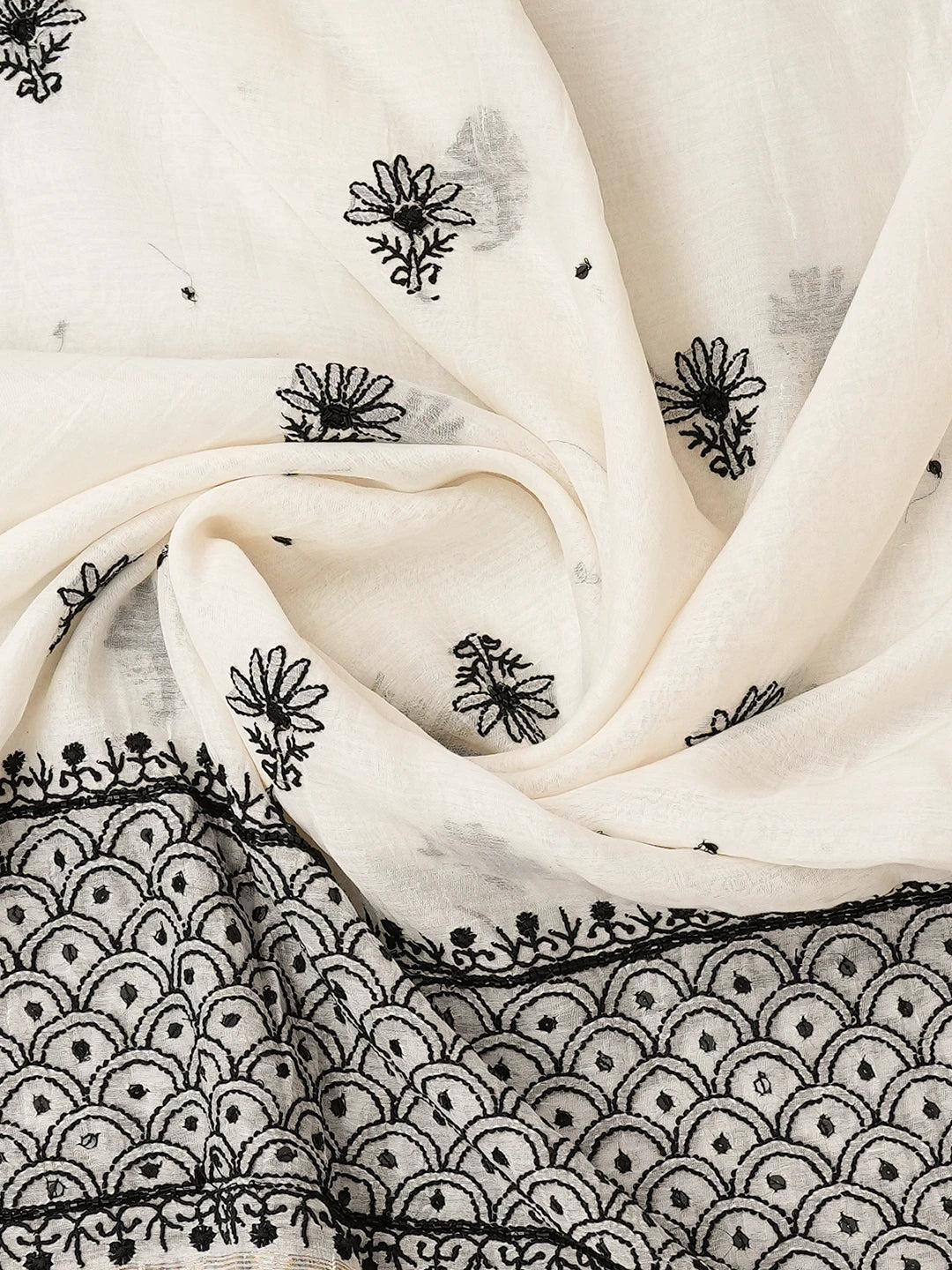 Ada Hand Embroidered White Chanderi Lucknowi Chikankari Semi-Stitched Kurta Dupatta Set With Cutdana Work 01A744495
