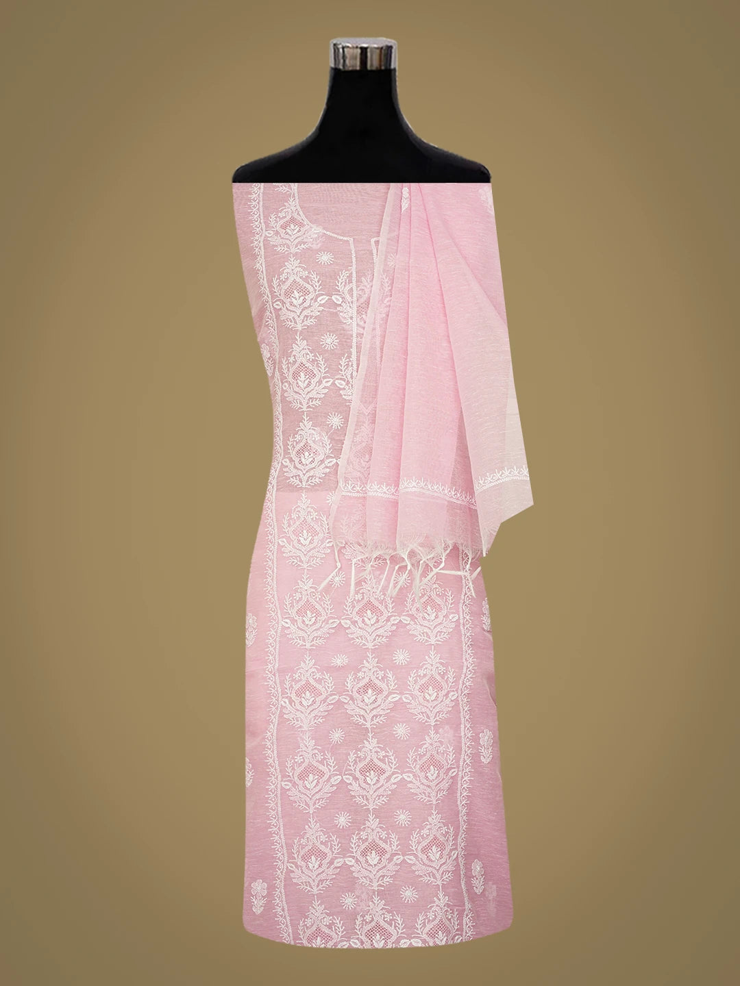 Ada Hand Embroidered Pink Chanderi Lucknowi Chikankari Unstitched Kurta Dupatta Set 01A744607