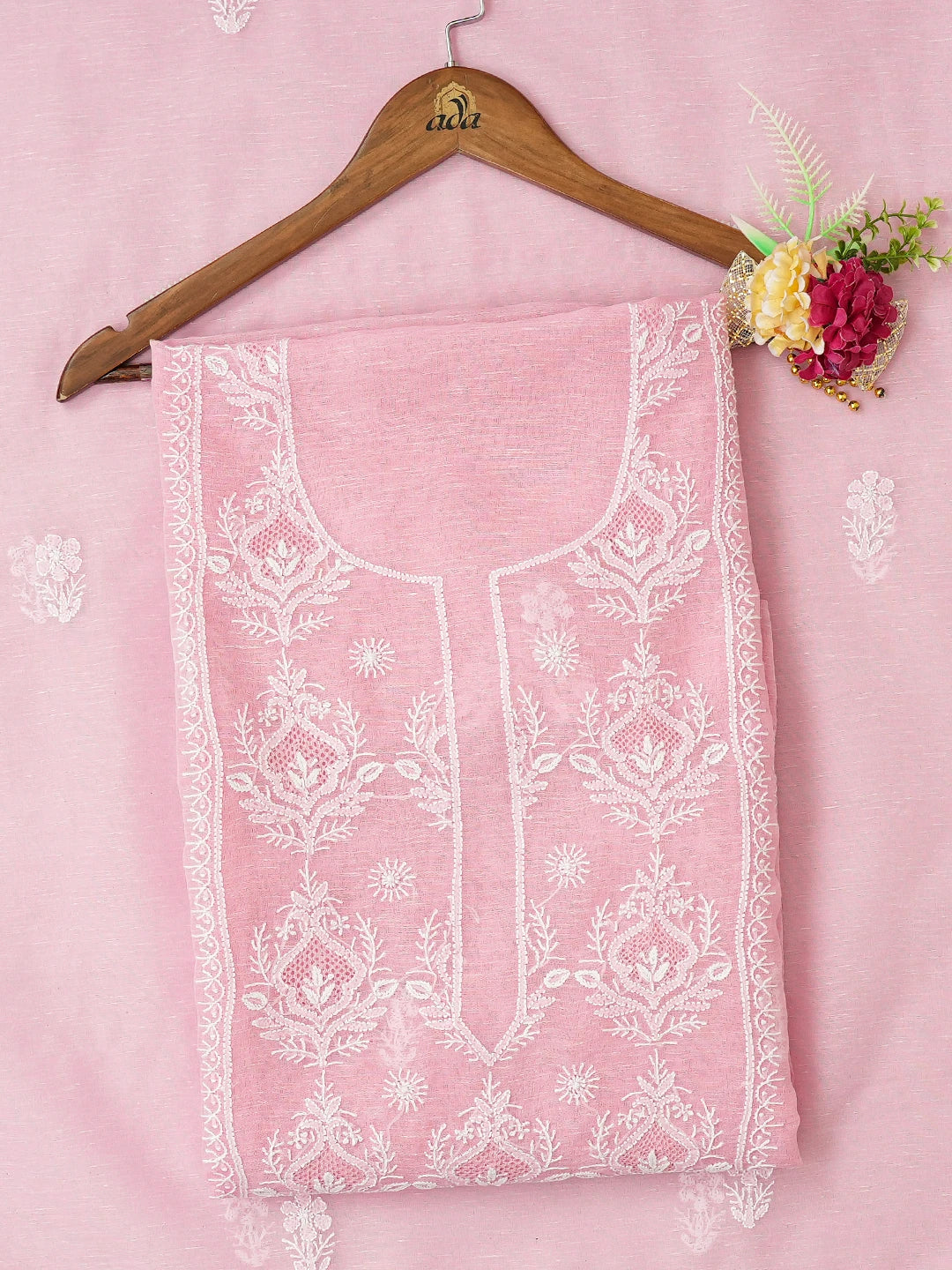 Ada Hand Embroidered Pink Chanderi Lucknowi Chikankari Unstitched Kurta Dupatta Set 01A744607