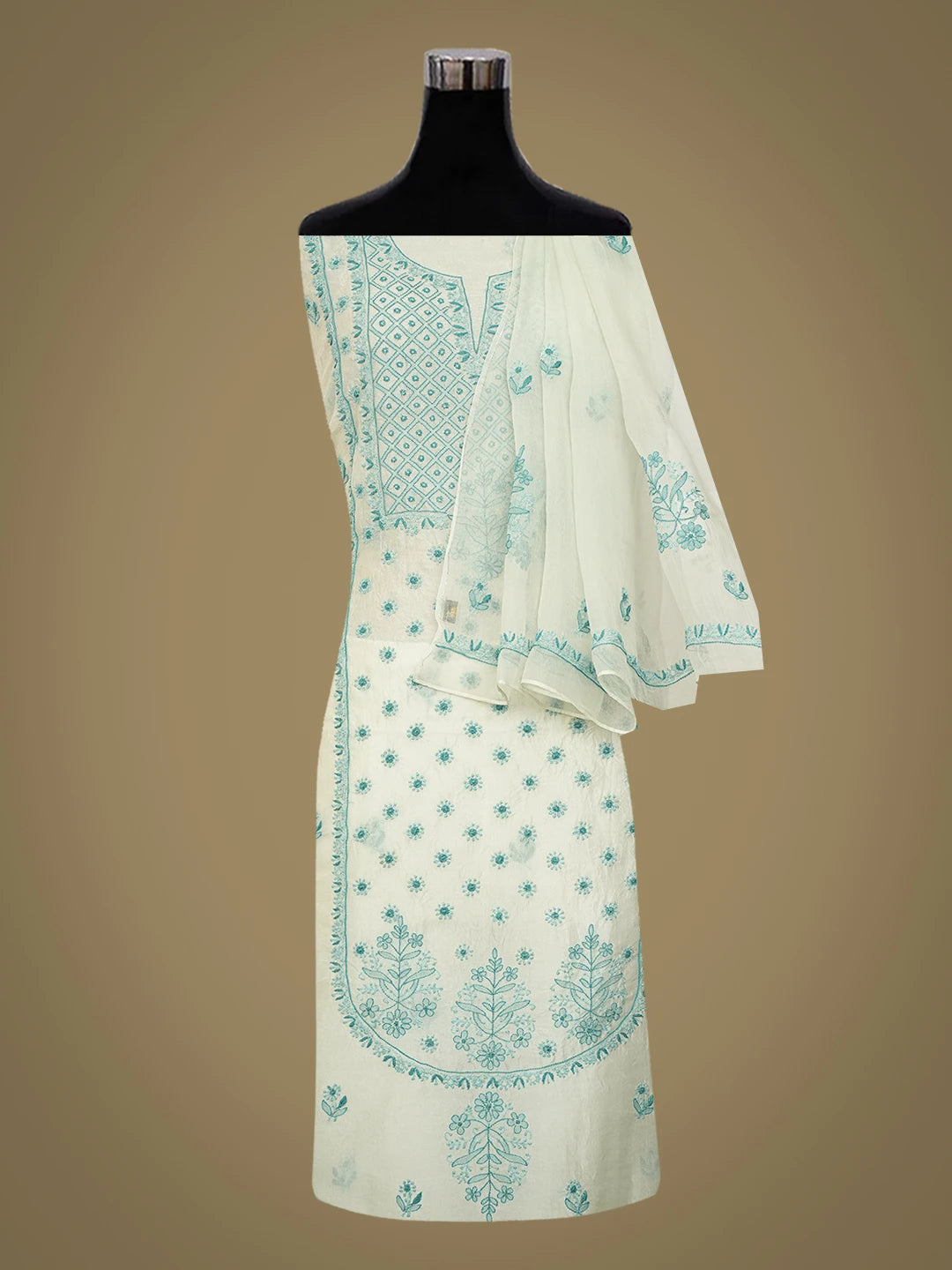 Ada Hand Embroidered Cyan Mist Organza Lucknowi Chikankari Unstitched Kurta Dupatta Set 01A694748