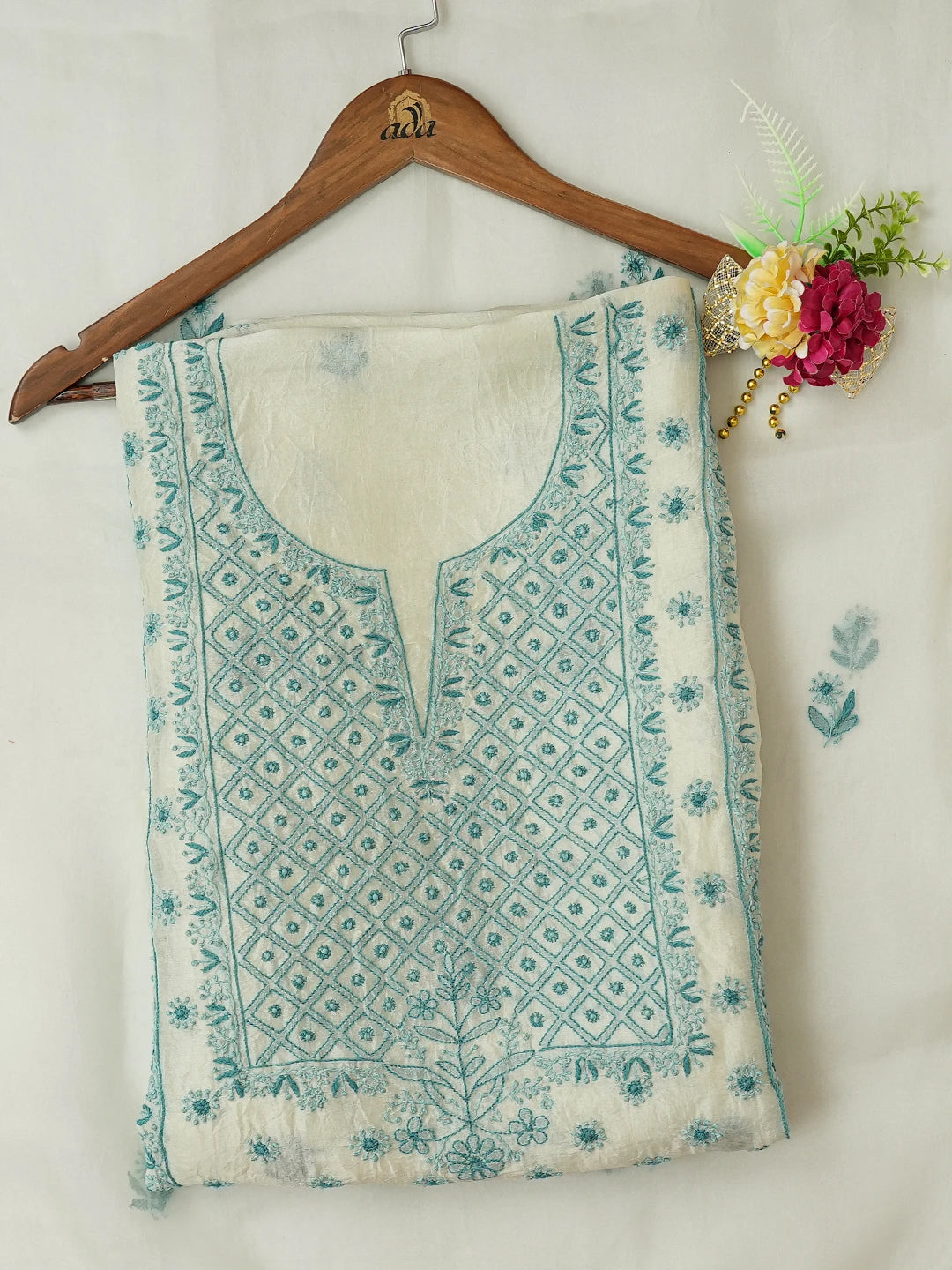 Ada Hand Embroidered Cyan Mist Organza Lucknowi Chikankari Unstitched Kurta Dupatta Set 01A694748