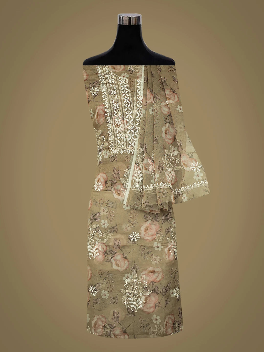 Ada Hand Embroidered Olive Green Organza Lucknowi Chikankari Unstitched Kurta Dupatta Set 01A736703