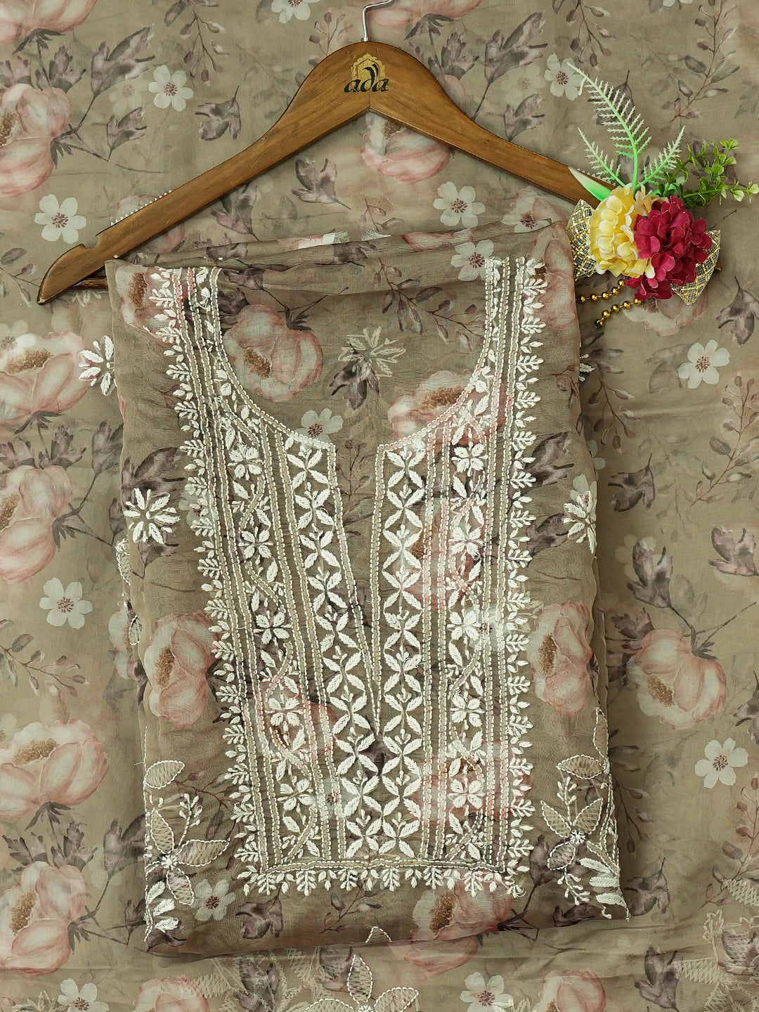 Ada Hand Embroidered Olive Green Organza Lucknowi Chikankari Unstitched Kurta Dupatta Set 01A736703