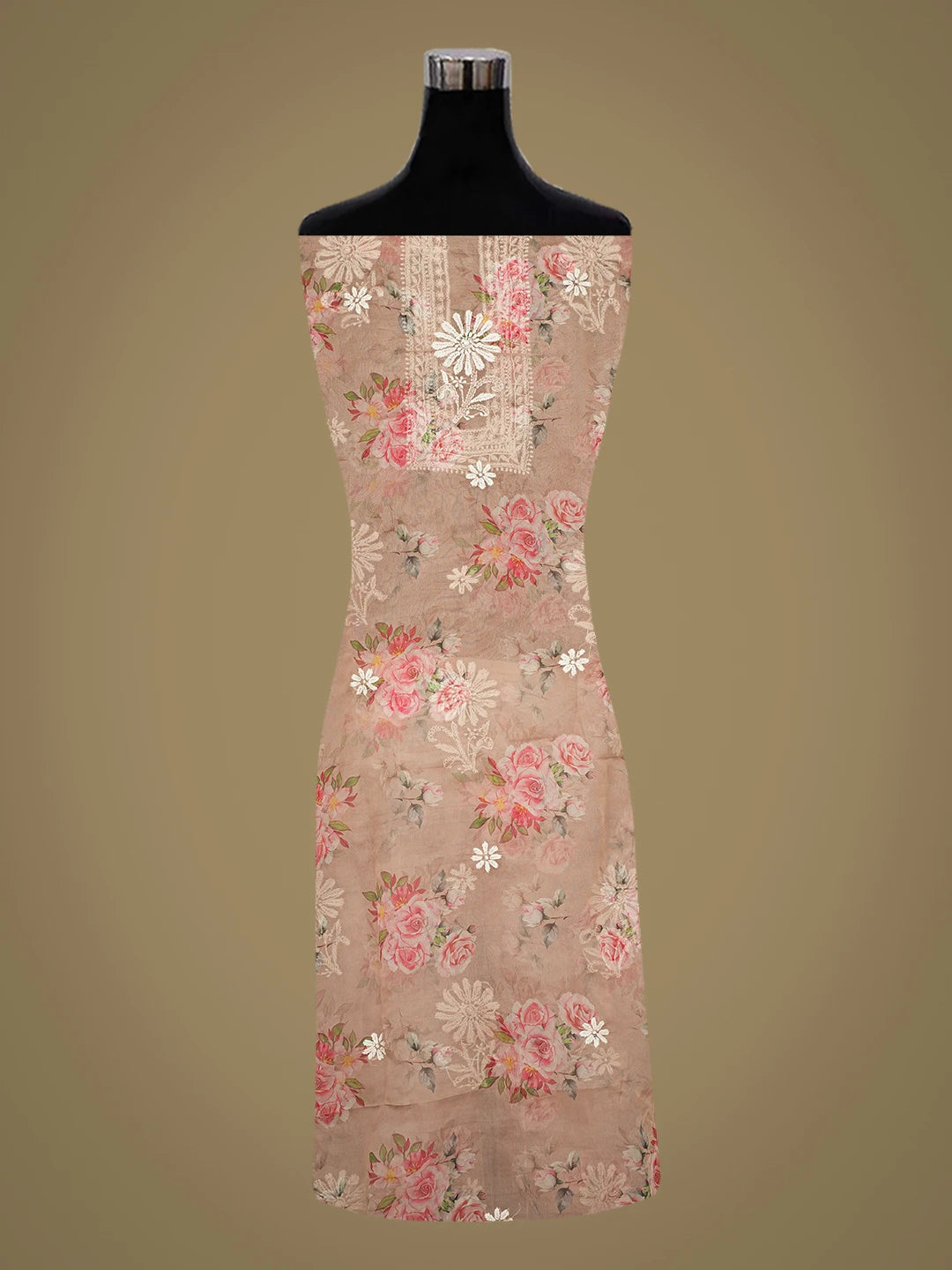 Ada Hand Embroidered Peach Organza Lucknowi Chikankari Unstitched Kurta Dupatta Set 01A736674