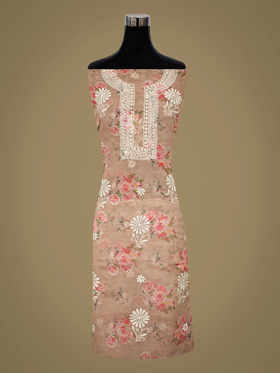 Ada Hand Embroidered Peach Organza Lucknowi Chikankari Unstitched Kurta Dupatta Set 01A736674