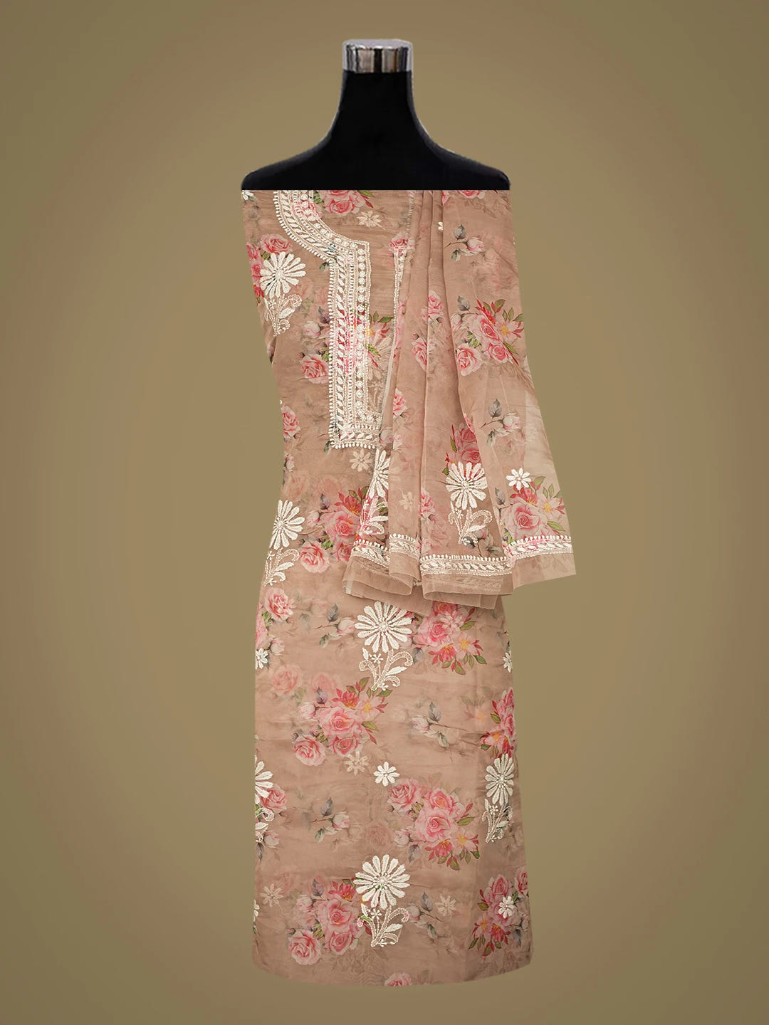Ada Hand Embroidered Peach Organza Lucknowi Chikankari Unstitched Kurta Dupatta Set 01A736674