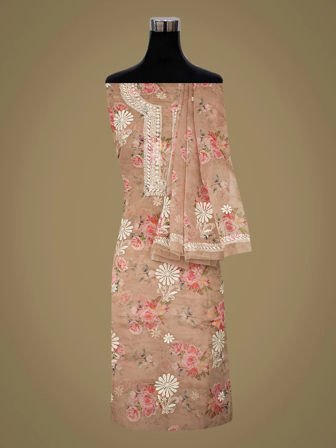 Ada Hand Embroidered Peach Organza Lucknowi Chikankari Unstitched Kurta Dupatta Set 01A736674
