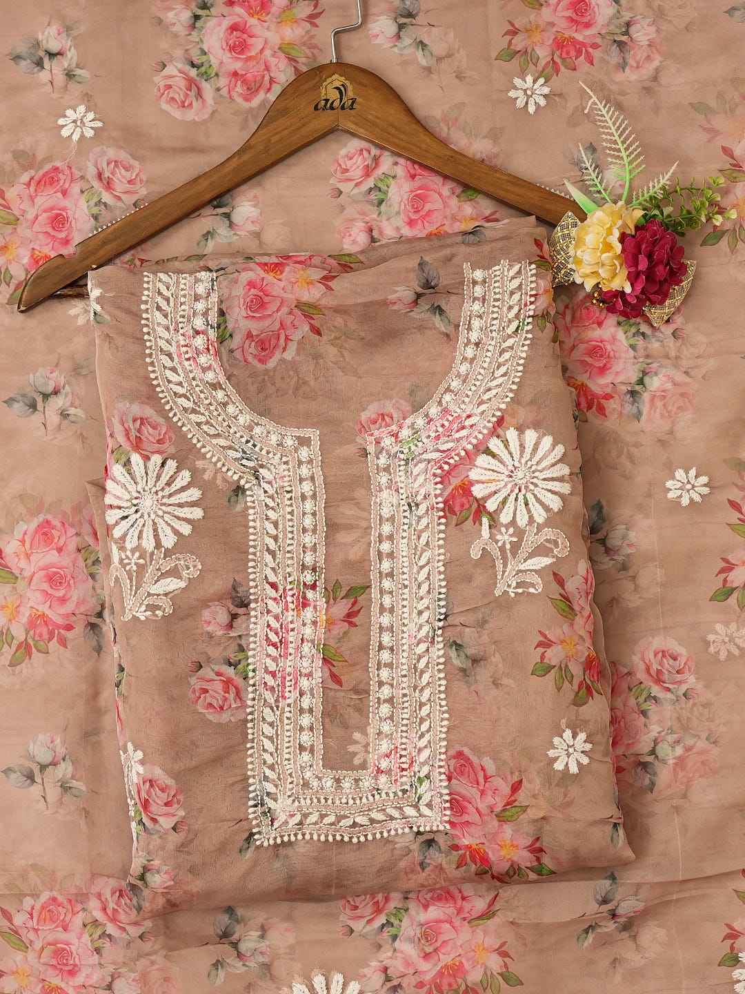 Ada Hand Embroidered Peach Organza Lucknowi Chikankari Unstitched Kurta Dupatta Set 01A736674