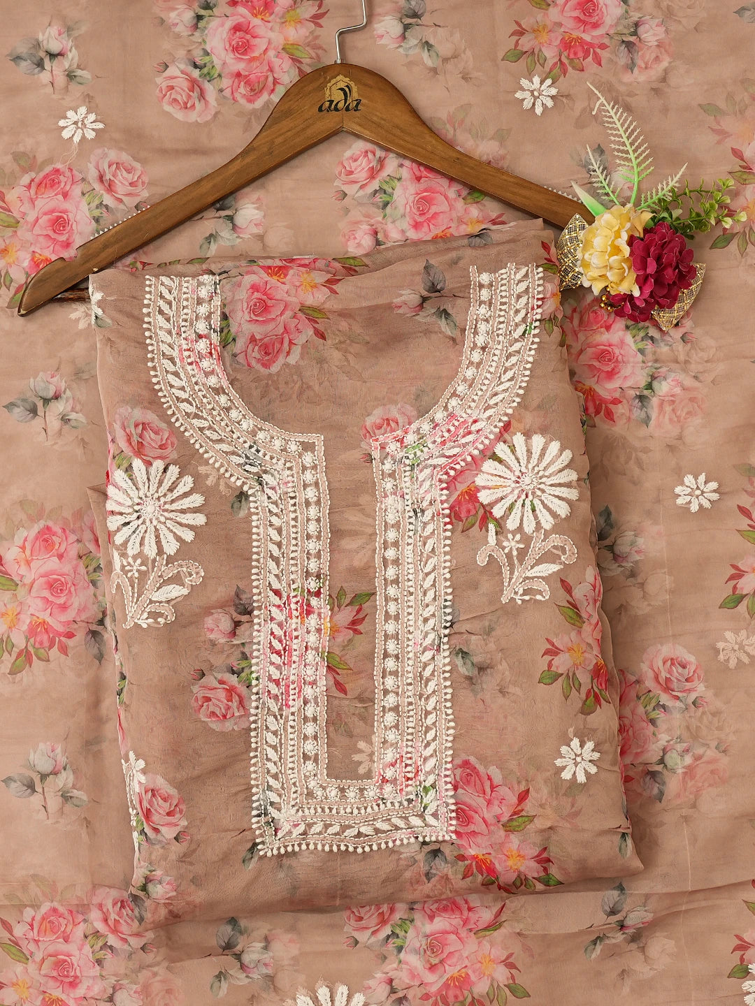 Ada Hand Embroidered Peach Organza Lucknowi Chikankari Unstitched Kurta Dupatta Set 01A736674