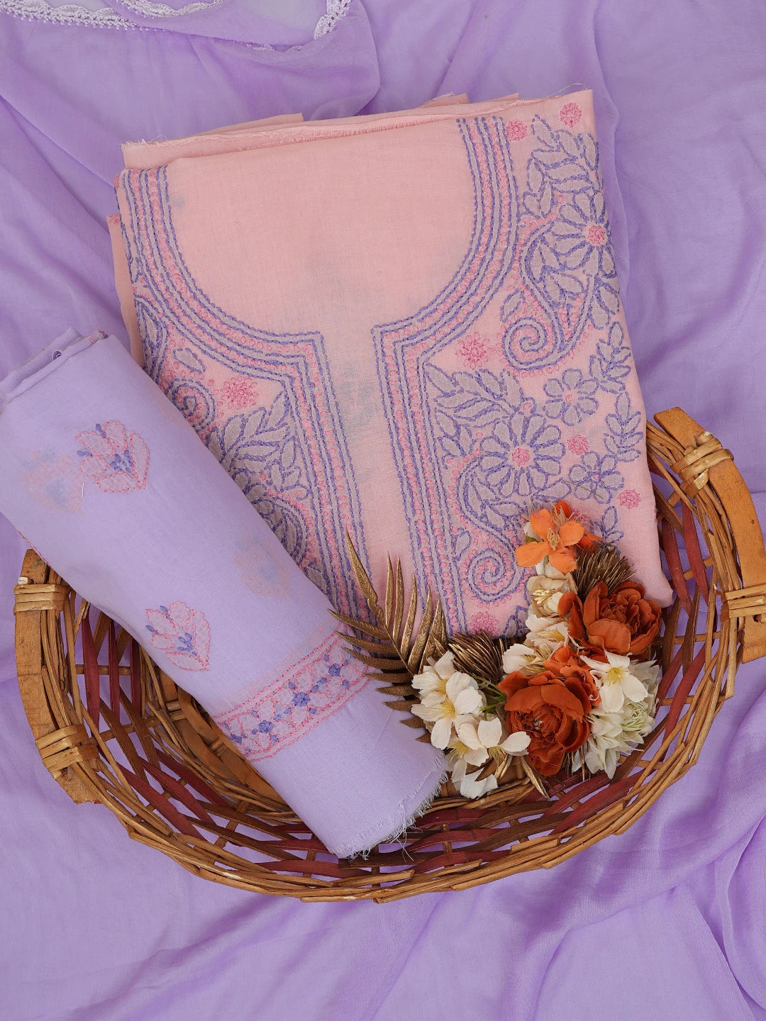 Ada Hand Embroidered Candlelight Peach Cotton Lucknowi Chikankari Unstitched Suit Piece 01A746246