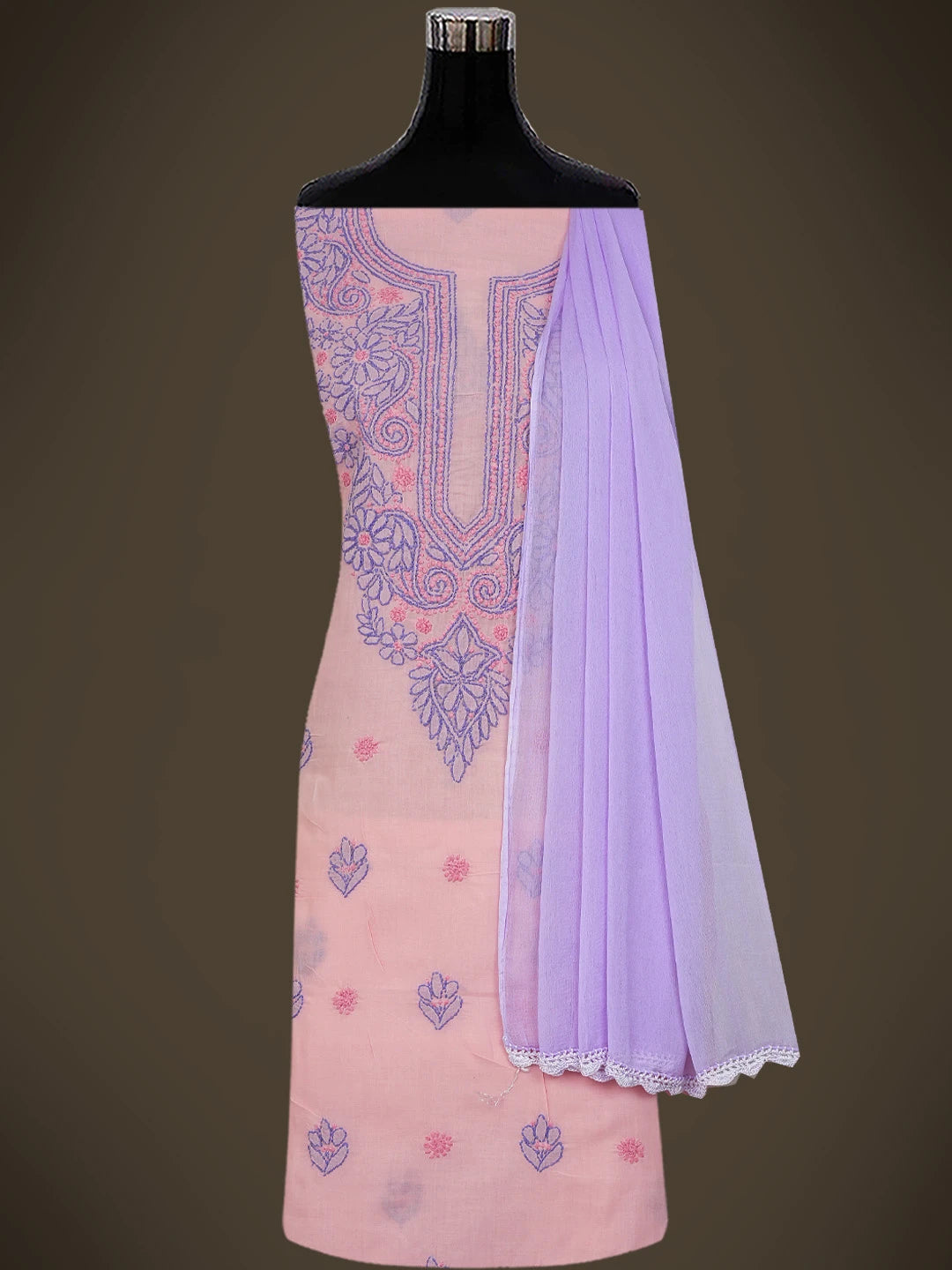 Ada Hand Embroidered Candlelight Peach Cotton Lucknowi Chikankari Unstitched Suit Piece 01A746246