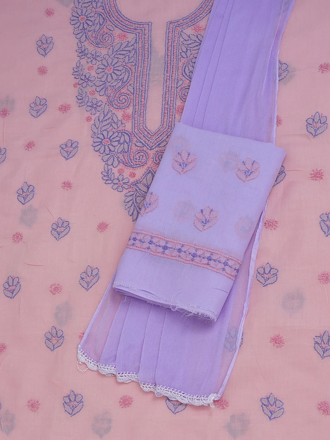 Ada Hand Embroidered Candlelight Peach Cotton Lucknowi Chikankari Unstitched Suit Piece 01A746246