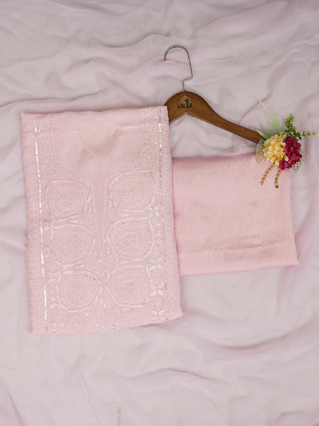 Ada Hand Embroidered Pink Muslin Lucknowi Chikankari Unstitched Suit Piece With Cutdana Work 01A746190